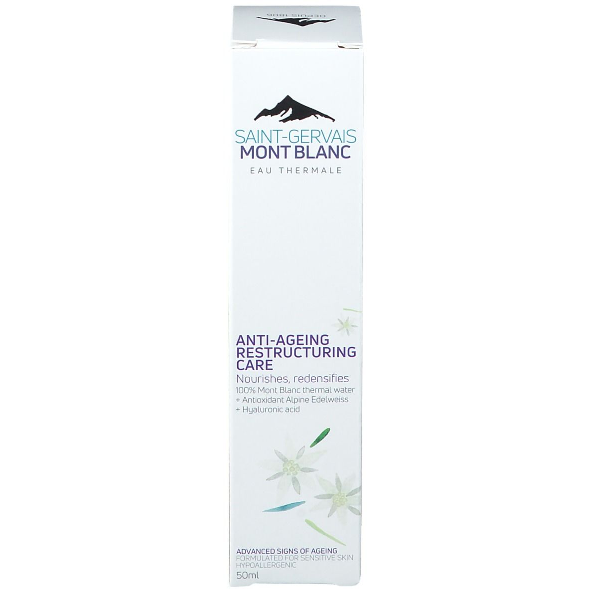 Produktverpackung. Aufschrift: SAINT-GERVAIS MONT BLANC. Produktname: ANTI-AGEING RESTRUCTURING CARE. 50ml.
