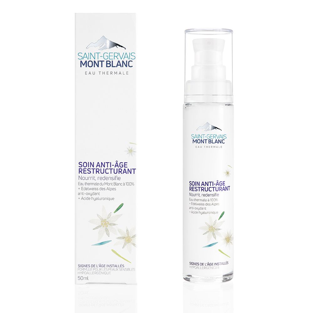 Produktflasche und Verpackung. Aufschrift: SAINT-GERVAIS MONT BLANC. Produktname: SOIN ANTI-ÂGE RESTRUCTURANT.