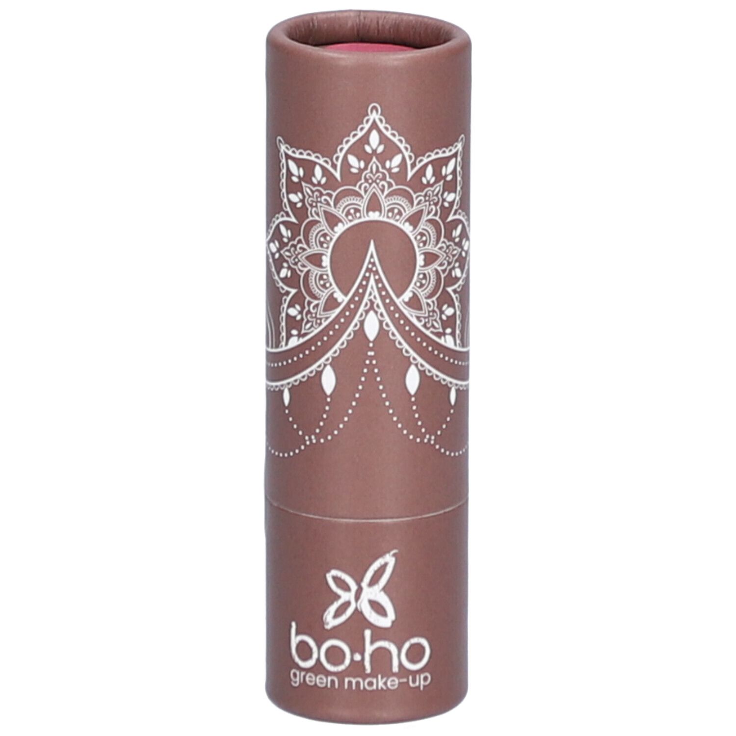 Emballage cylindrique marron avec motif mandala blanc et logo. Rouge à lèvres rose visible en haut.