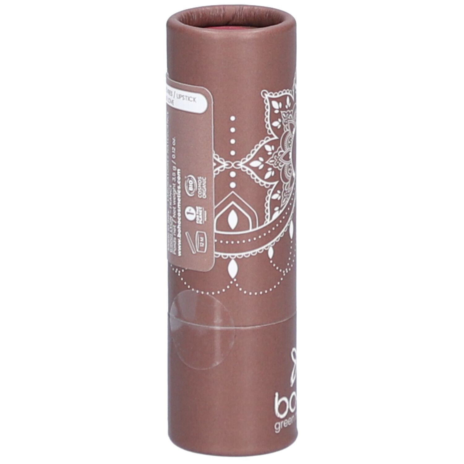 Emballage cylindrique marron avec motif mandala blanc et logo. Étiquette avec texte et code-barres.