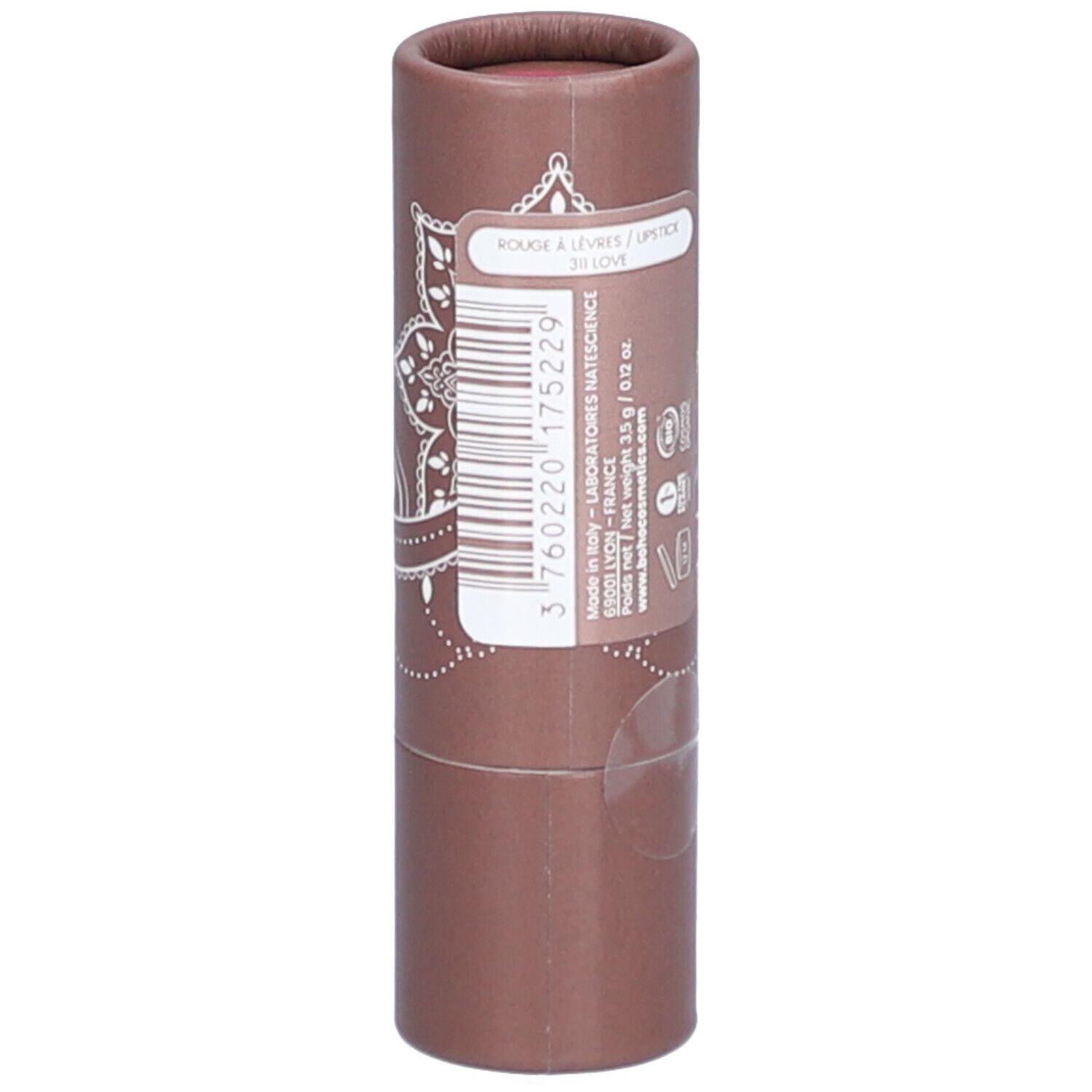Emballage cylindrique marron avec motif mandala blanc et logo. Texte: Rouge à Lèvres, 311 Love.