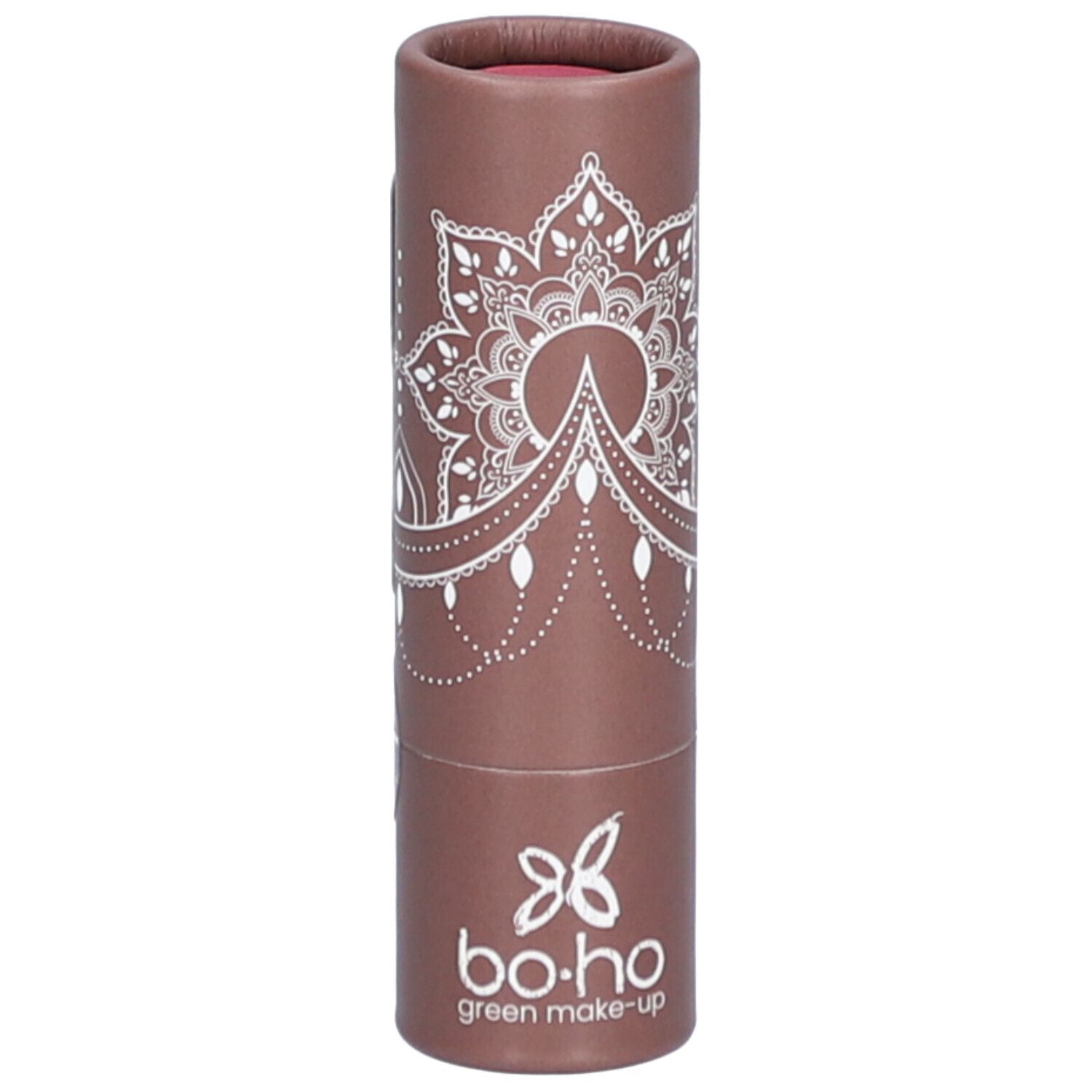 Emballage cylindrique marron avec motif mandala blanc et logo. Rouge à lèvres rose visible en haut.
