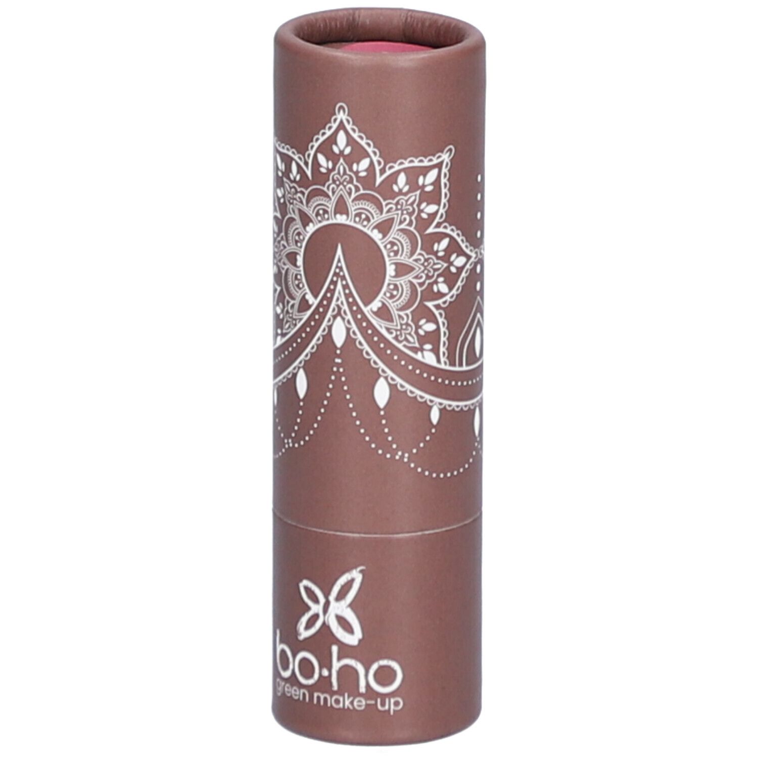 Emballage cylindrique marron avec motif mandala blanc et logo. Rouge à lèvres rose visible en haut.