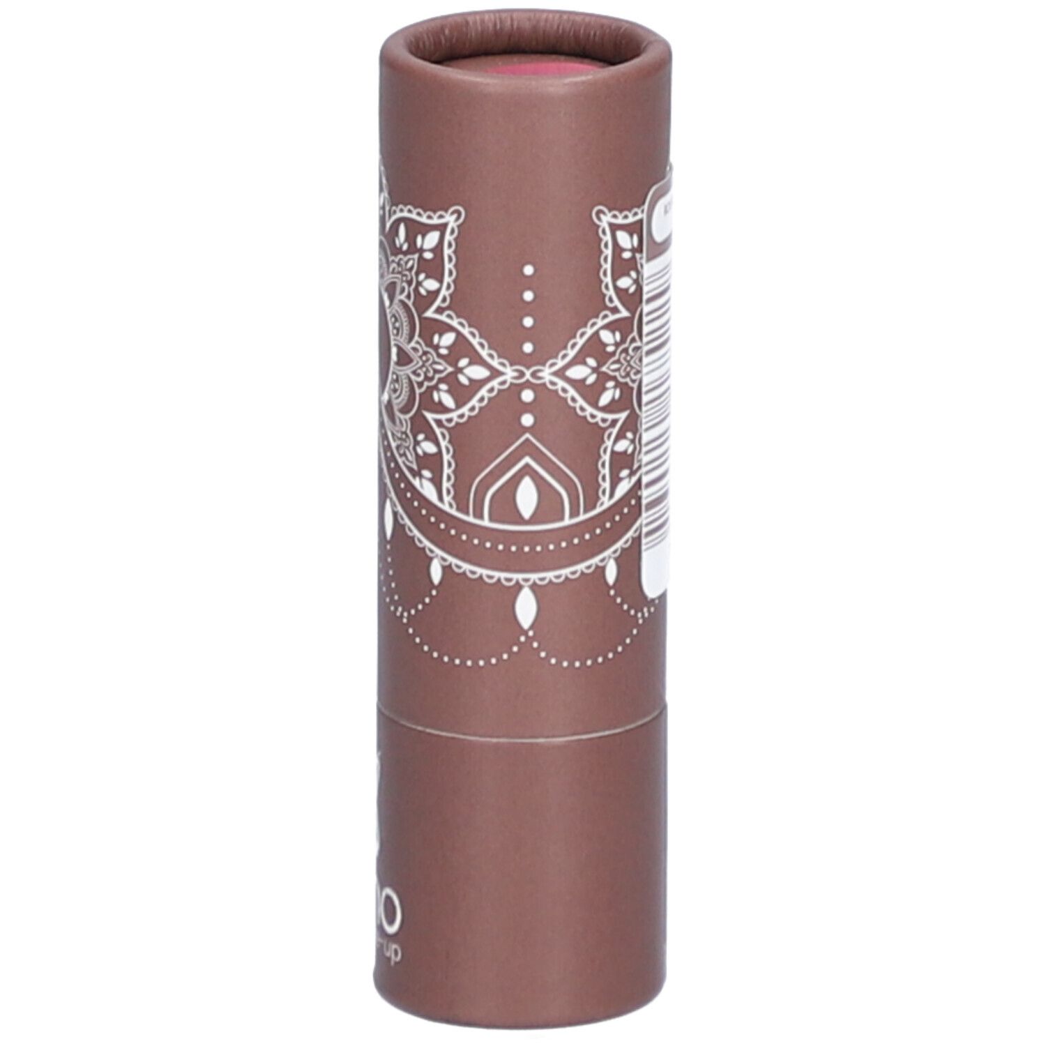 Emballage cylindrique marron avec motif mandala blanc et logo. Code-barres et texte.