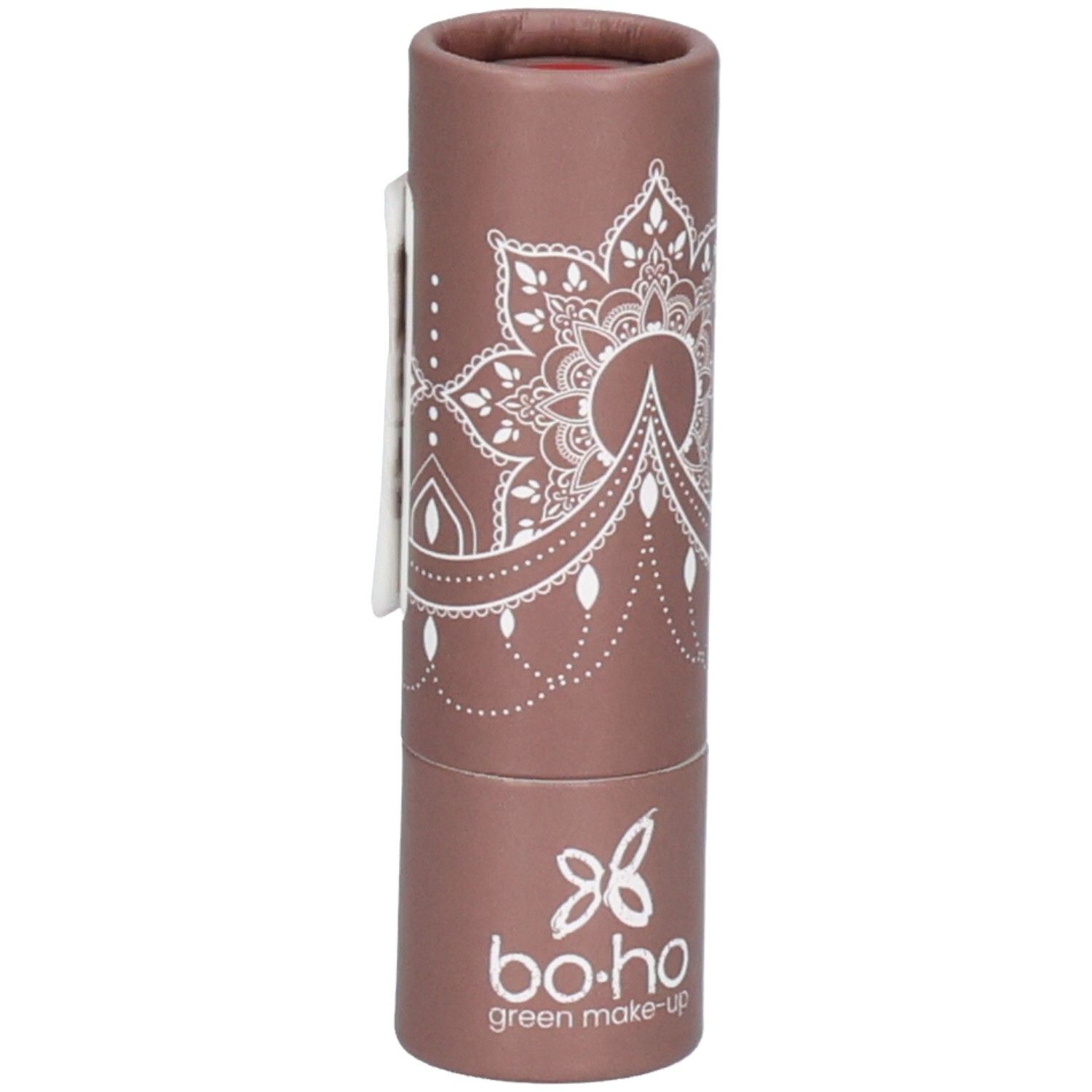 Lippenstift in brauner Kartonverpackung. Weißes Mandala-Muster. Marke: bo.ho green make-up.