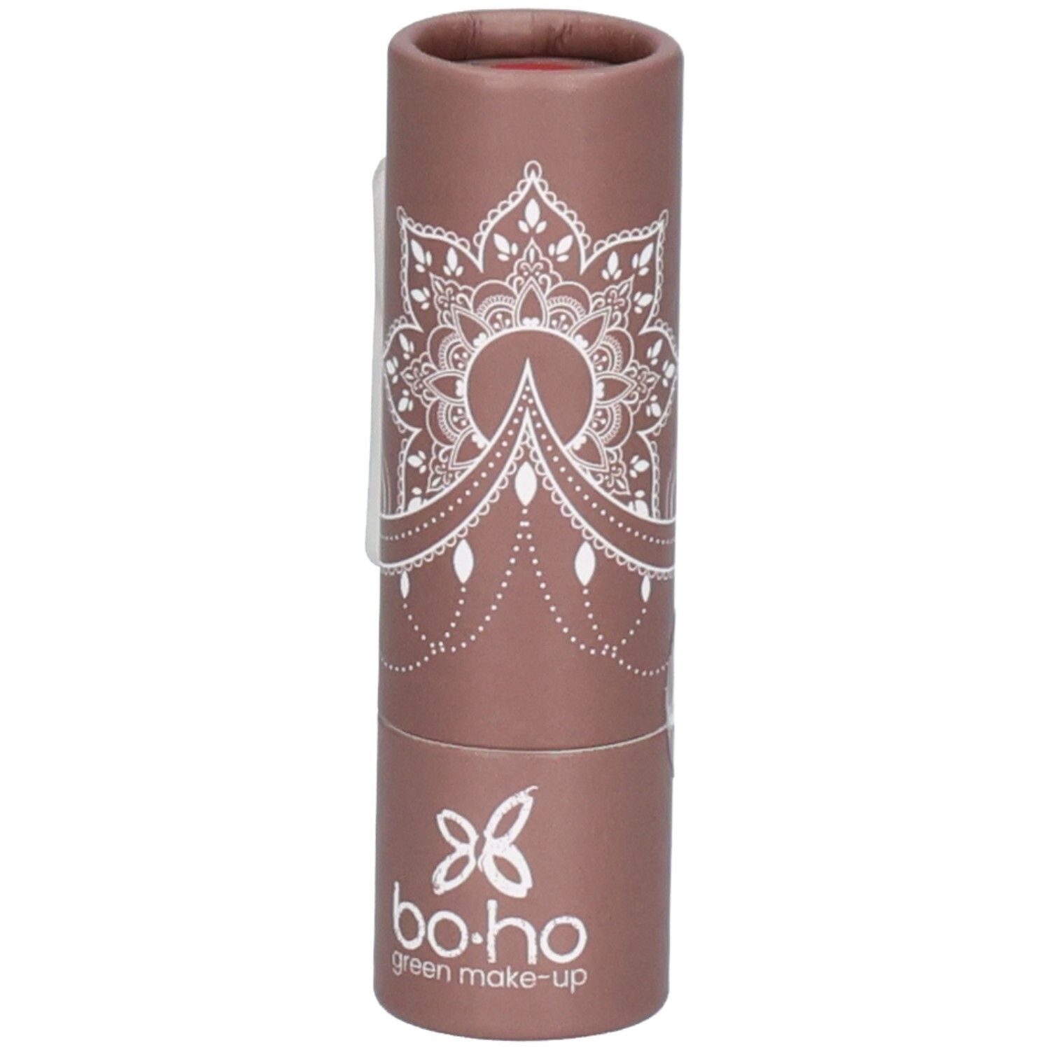 Lippenstift in brauner Kartonverpackung. Weißes Mandala-Muster. Marke: bo.ho green make-up.