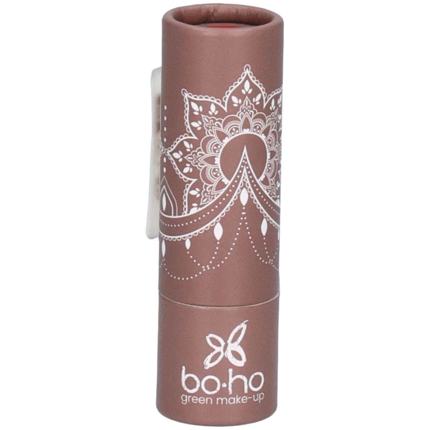 Lippenstift in brauner Kartonverpackung. Weißes Mandala-Muster. Marke: bo.ho green make-up.