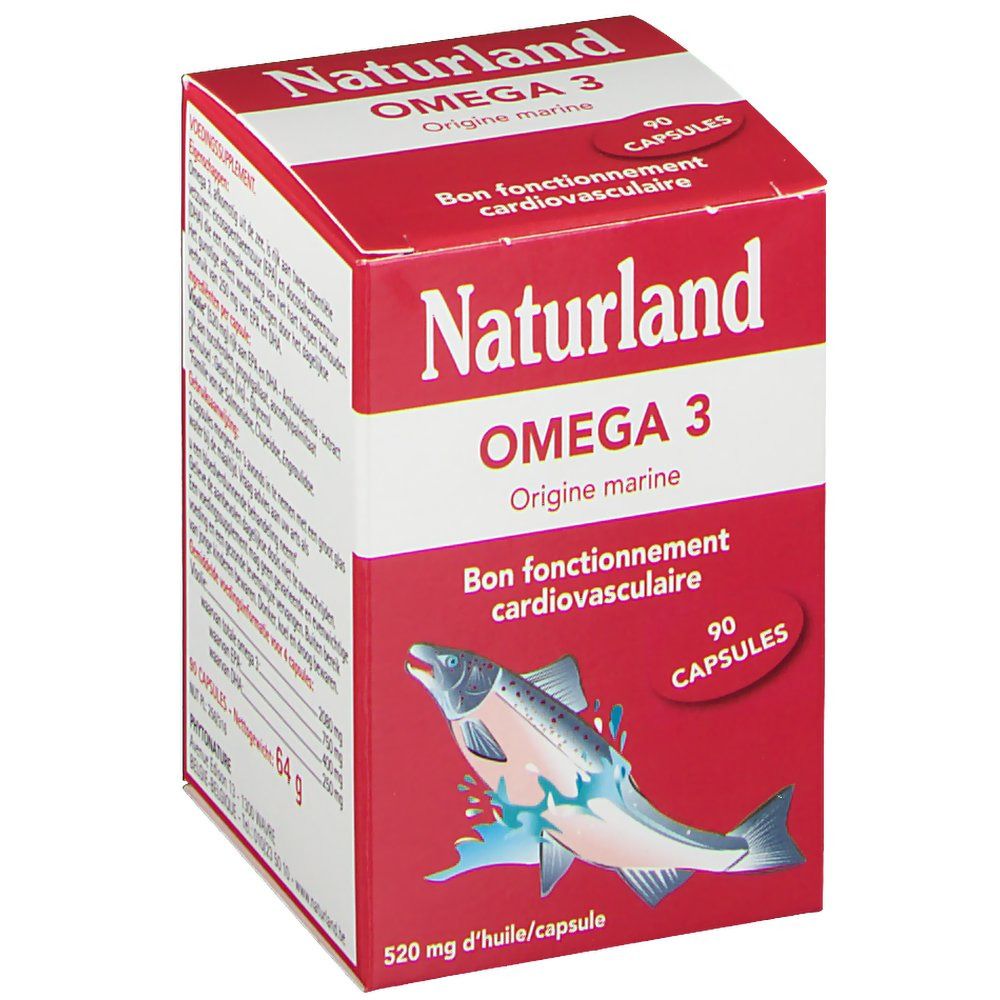Boîte rouge Naturland OMEGA 3. Inscription: OMEGA 3, 90 capsules, Bon fonctionnement cardiovasculaire, illustration de poisson.