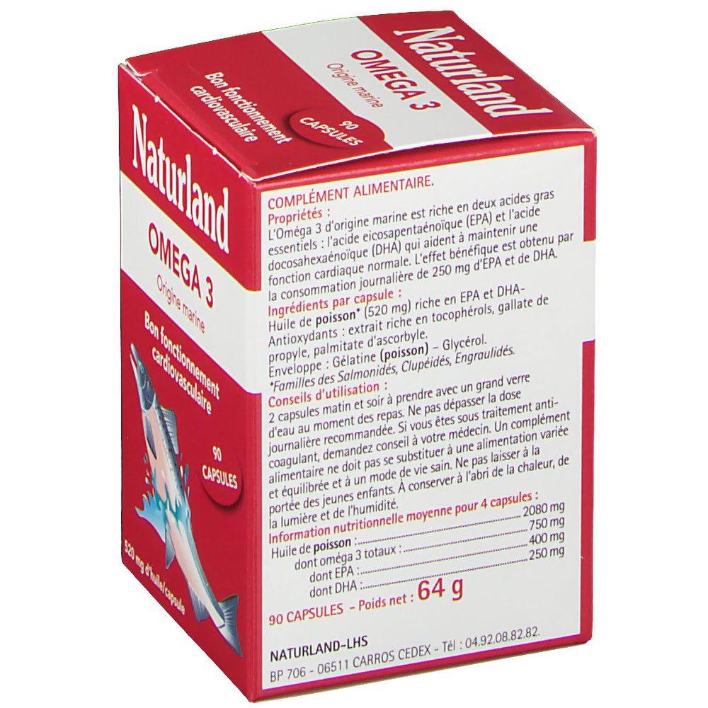 Dos de la boîte rouge Naturland OMEGA 3. Texte: ingrédients, informations nutritionnelles, 90 capsules, 64 g.