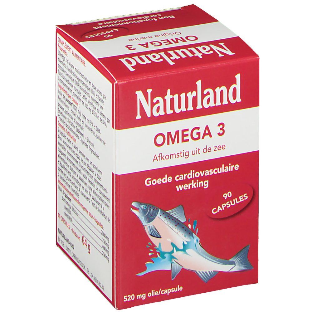 Boîte rouge Naturland OMEGA 3. Inscription: OMEGA 3, 90 capsules, Afkomstig uit de zee, illustration de poisson.