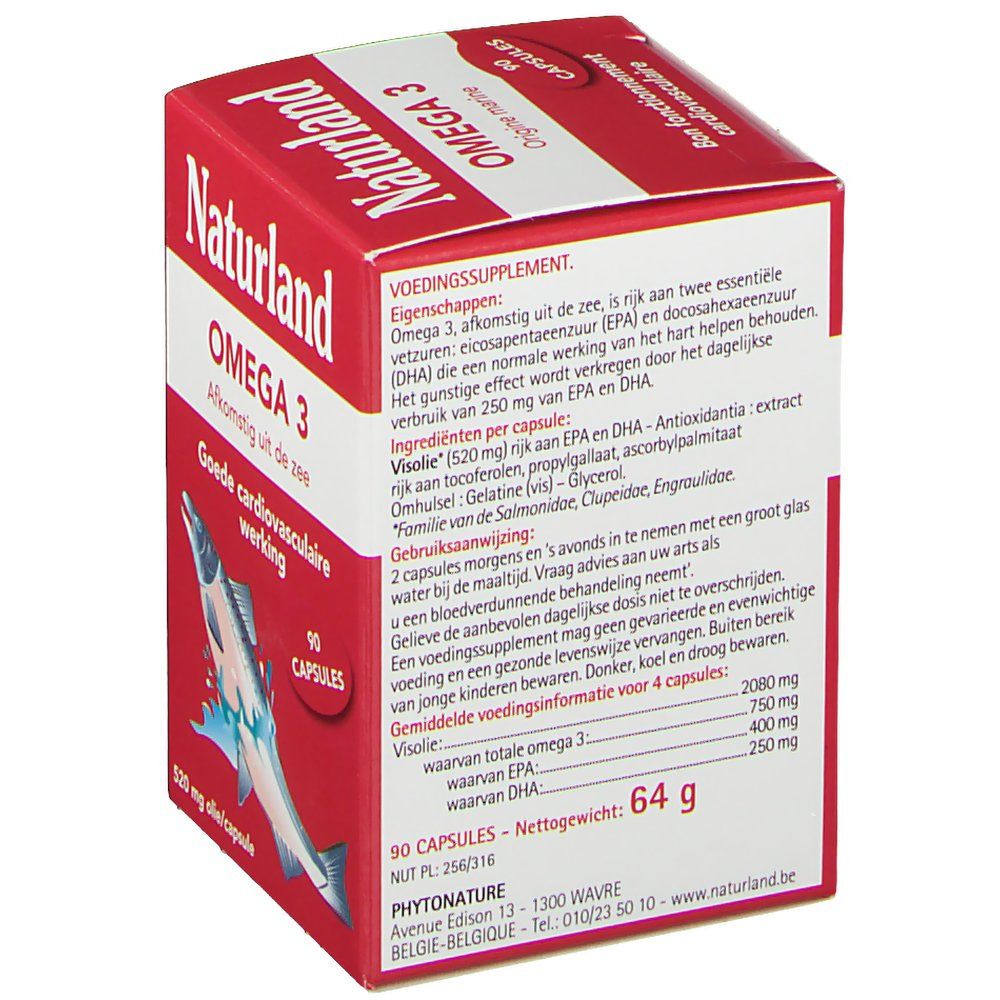 Dos de la boîte rouge Naturland OMEGA 3. Texte: ingrédients, informations nutritionnelles, 90 capsules, 64 g, adresse du fabricant.