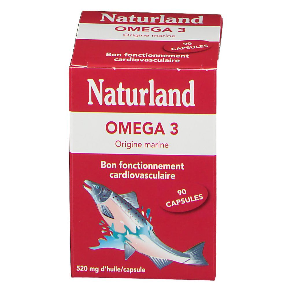 Boîte rouge Naturland OMEGA 3. Inscription: OMEGA 3, 90 capsules, Bon fonctionnement cardiovasculaire, illustration de poisson.