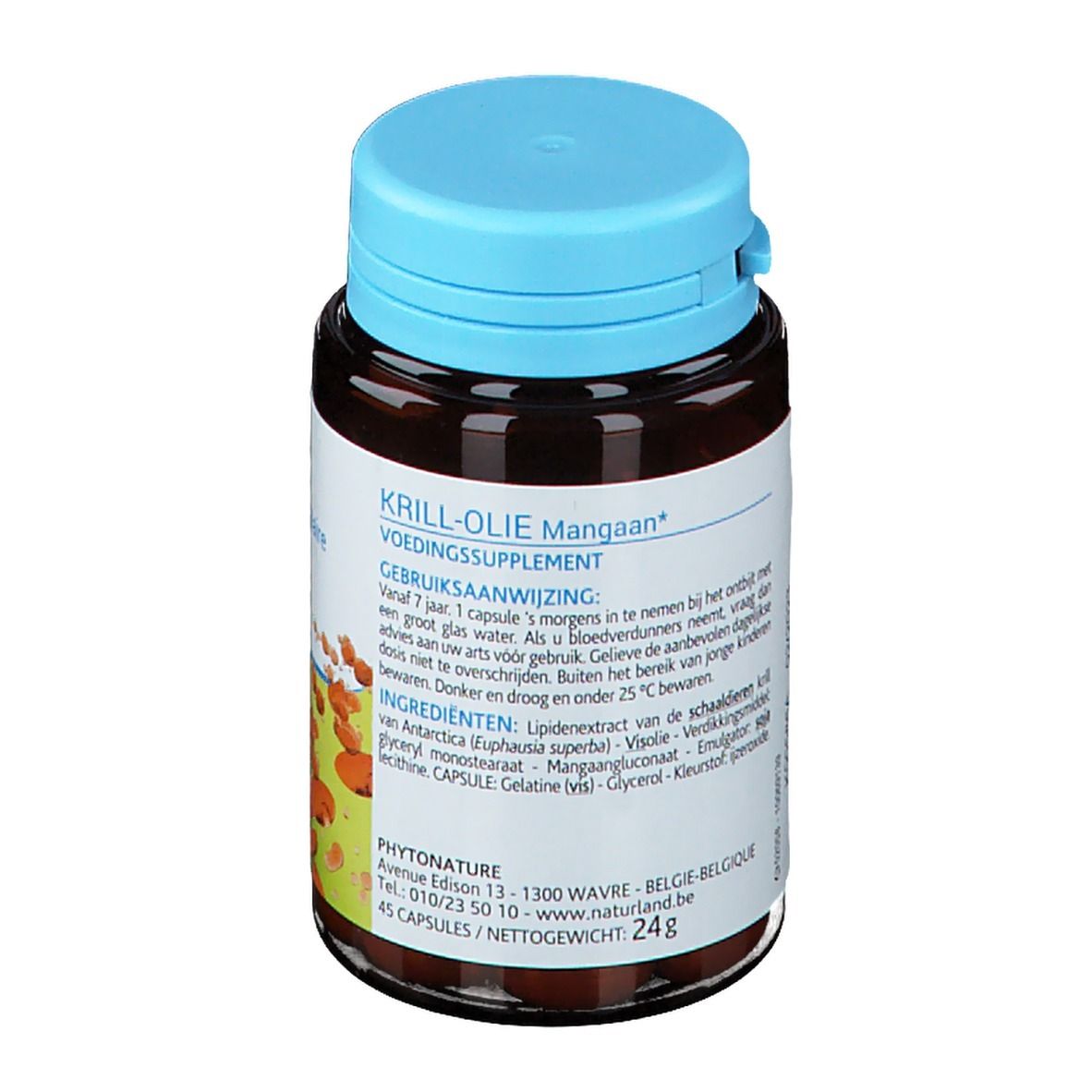 Braune Kapseln in einer braunen Flasche mit blauem Deckel. Aufschrift: Krill-Öl, Voedingssupplement. 45 Kapseln.