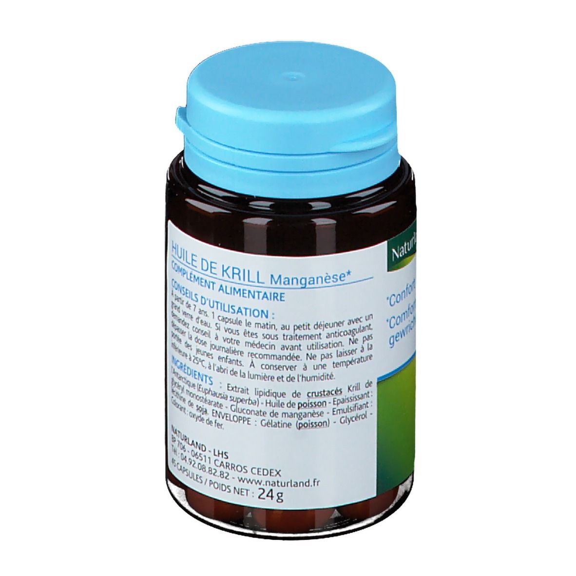 Braune Kapseln in einer braunen Flasche mit blauem Deckel. Aufschrift: Huile de Krill, Complément alimentaire. 45 capsules.