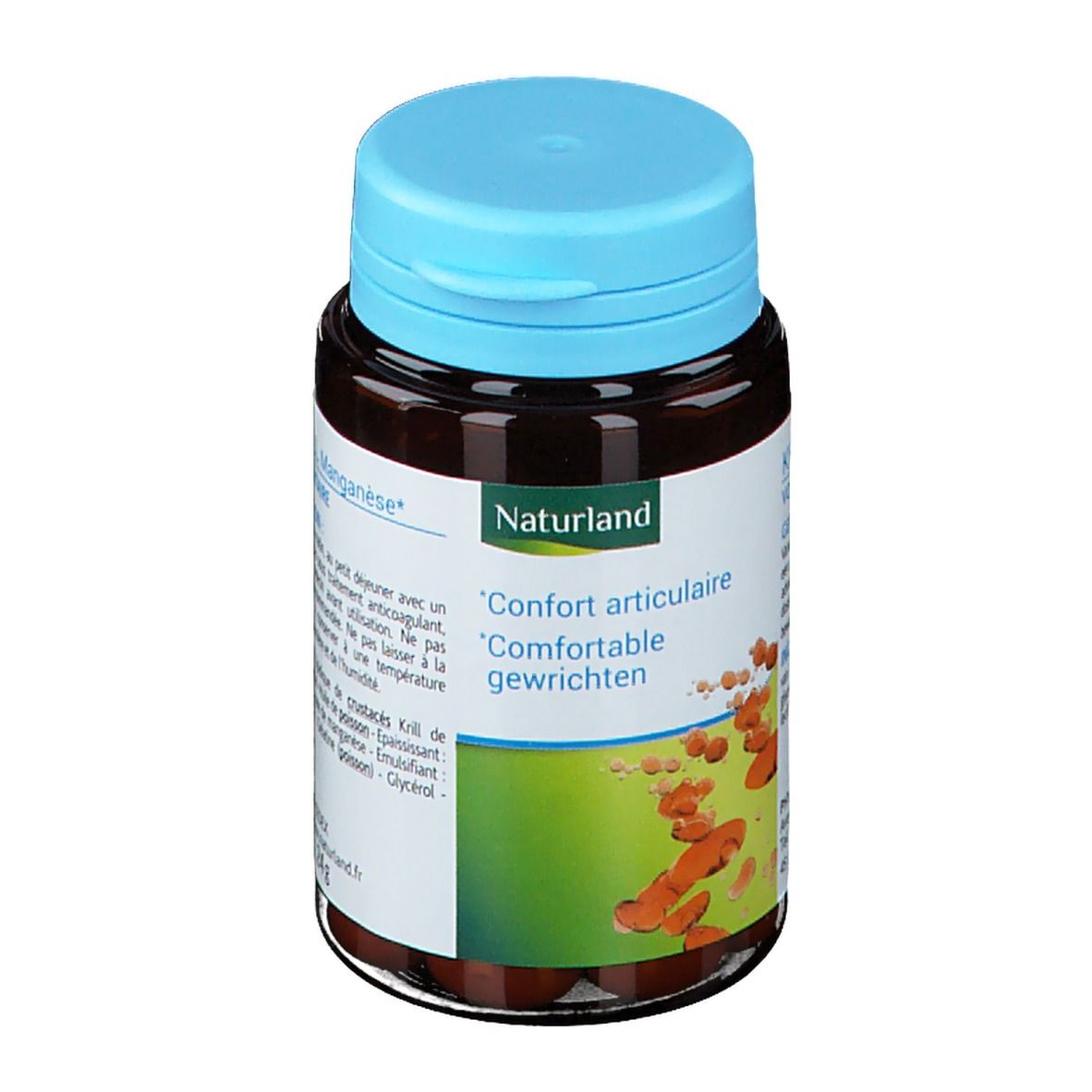 Braune Kapseln in einer braunen Flasche mit blauem Deckel. Aufschrift: Naturland, 'Confort articulaire'.
