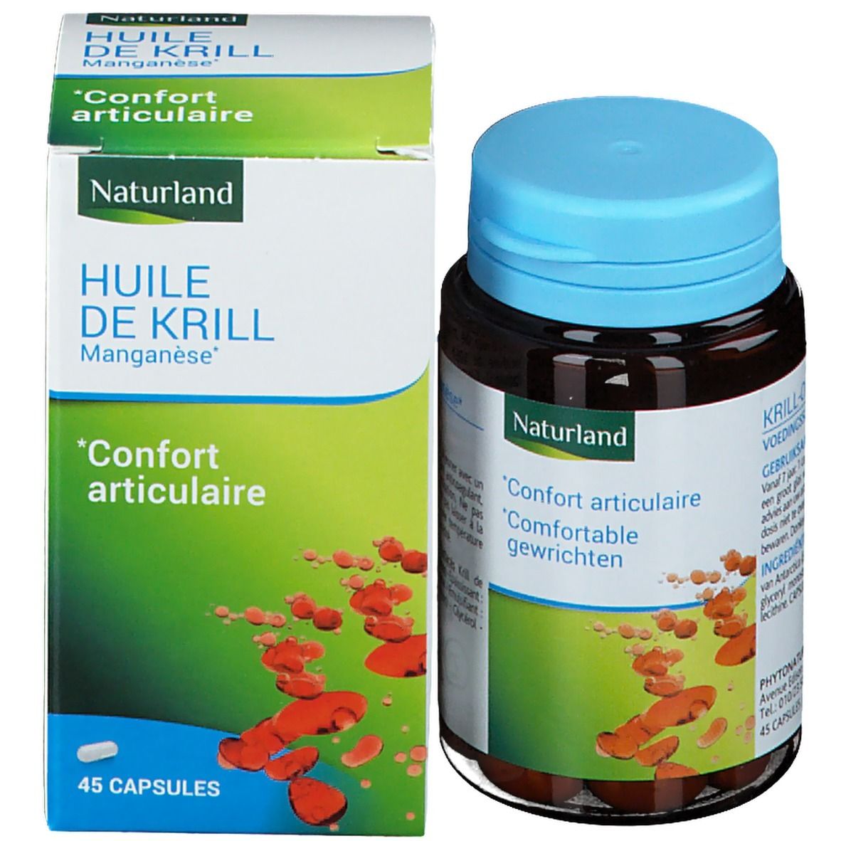 Braune Kapseln und Flasche mit blauem Deckel neben einer grünen Schachtel. Aufschrift: Naturland, Huile de Krill, 'Confort articulaire'.