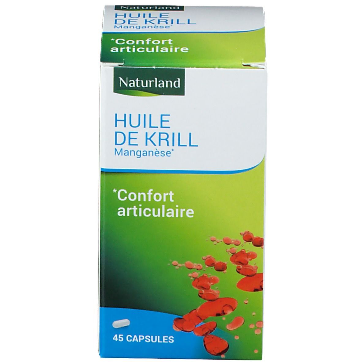 Grüne Schachtel mit Aufschrift: Naturland, Huile de Krill, 'Confort articulaire'. 45 Kapseln.