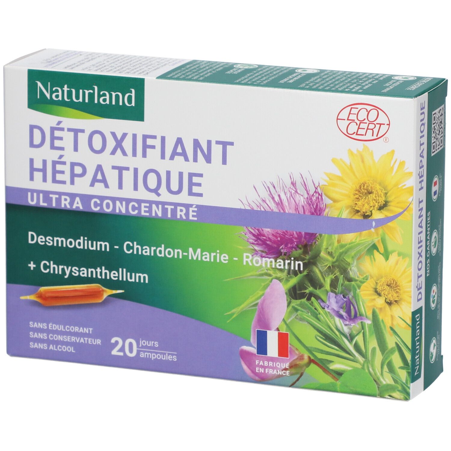 Kartonverpackung mit Produktnamen und floraler Illustration. Enthält 20 Ampullen. EcoCert-Logo.