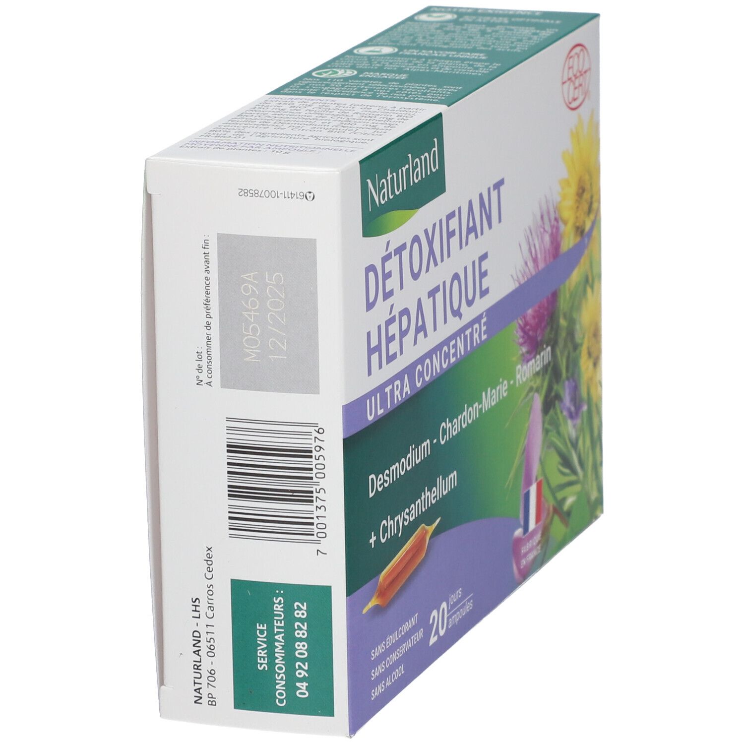 Produktverpackung, schräg von der Seite. Enthält Produktnamen und floralen Illustrationen. EcoCert-Logo.