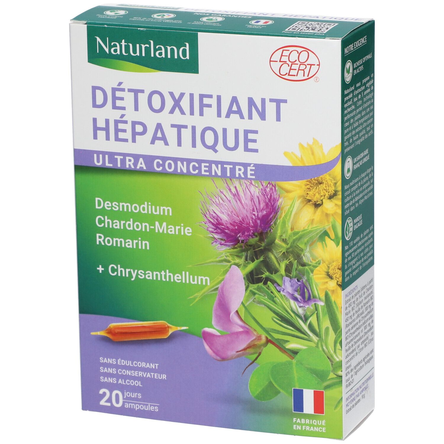 Kartonverpackung mit Produktnamen und floraler Illustration. Enthält 20 Ampullen. EcoCert-Logo.