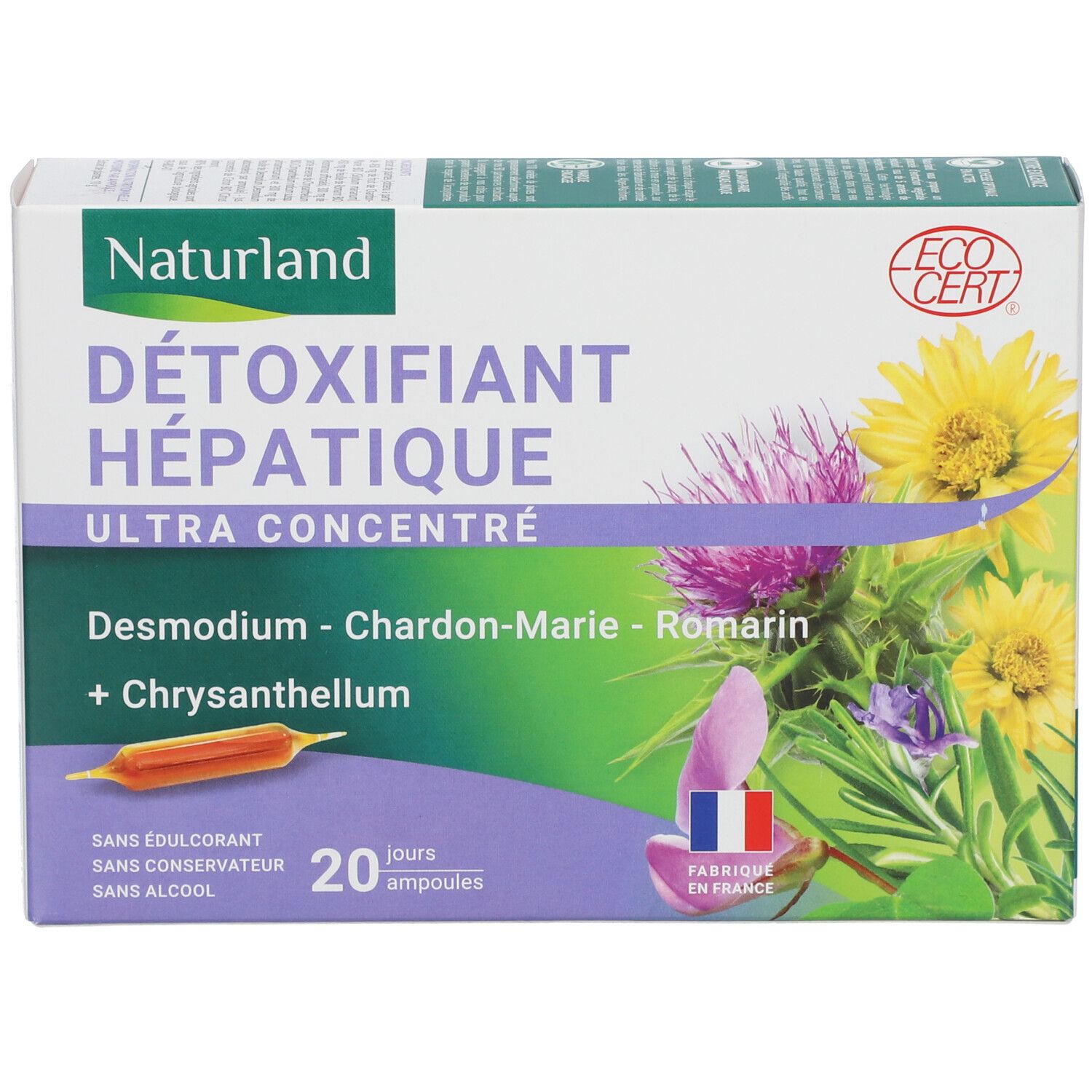 Kartonverpackung mit Produktnamen und floraler Illustration. Enthält 20 Ampullen. EcoCert-Logo.