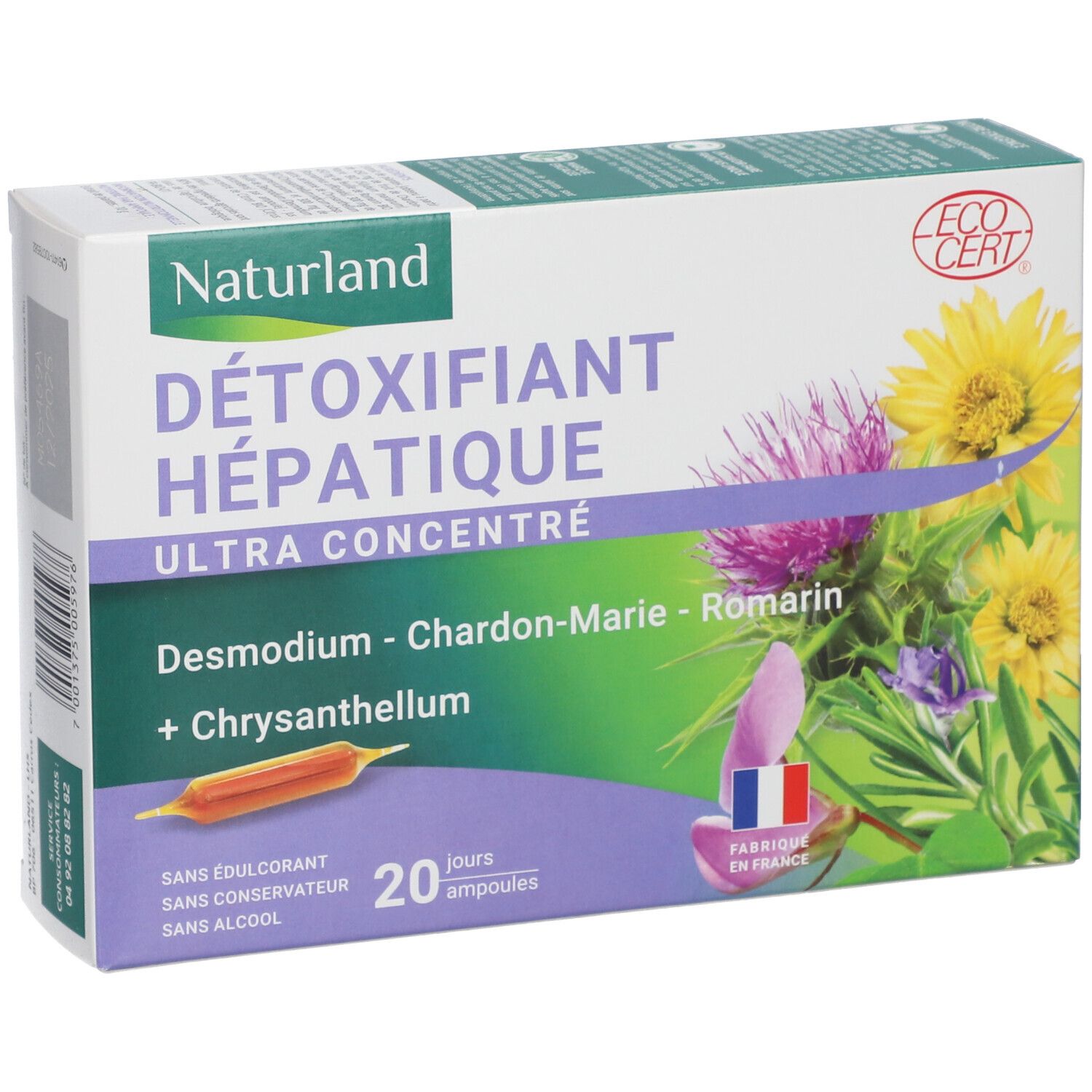 Kartonverpackung mit Produktnamen und floraler Illustration. Enthält 20 Ampullen. EcoCert-Logo.
