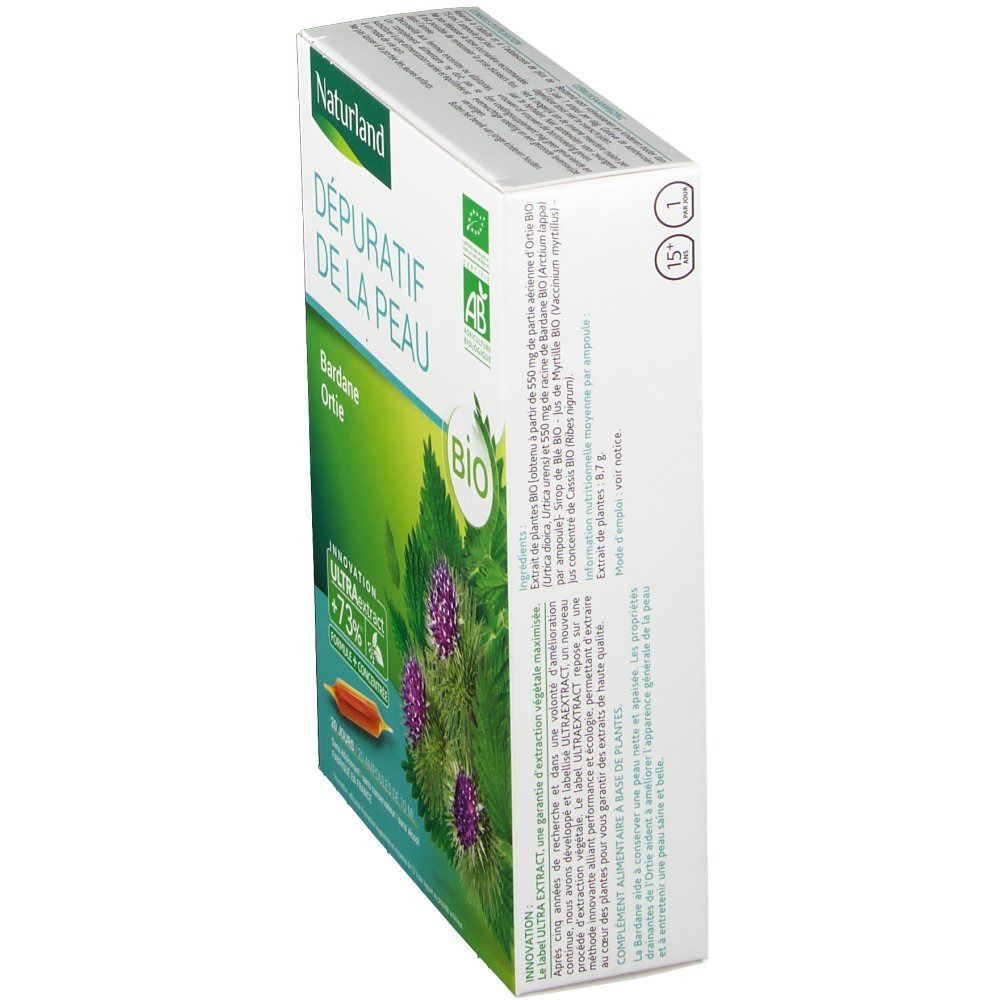 Schrägansicht der Kartonverpackung. Produktname und Logo sichtbar. BIO-Zertifizierung. Text auf der Seite.