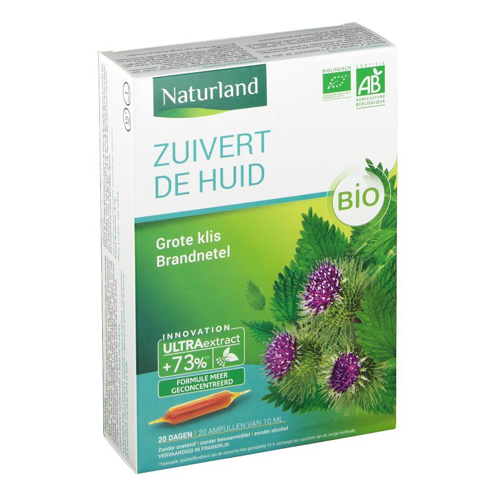 Kartonverpackung mit Produktnamen und Logo. Grün-weiße Farbgebung mit Pflanzenillustrationen. BIO-Zertifizierung.