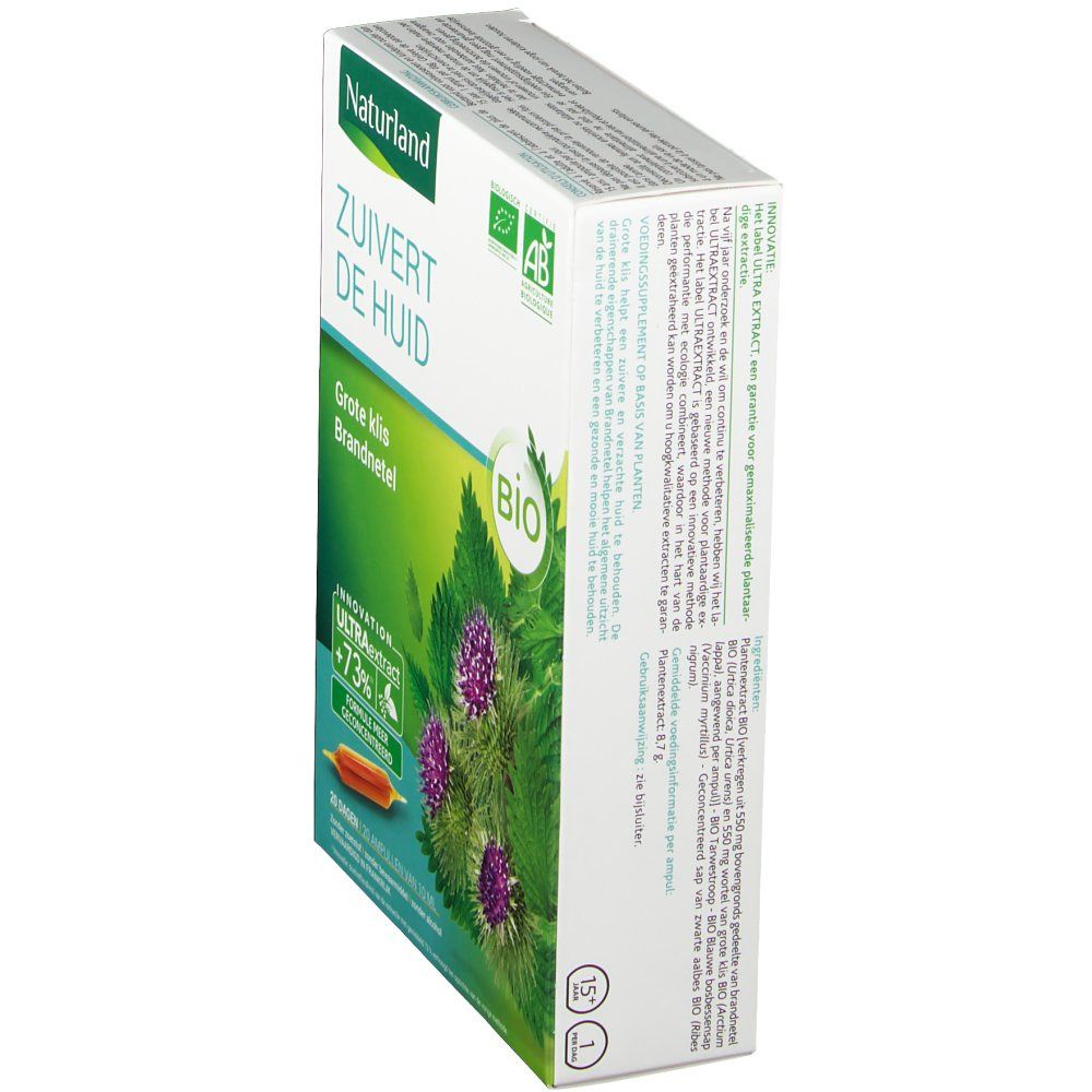 Schrägansicht der Kartonverpackung. Produktname und Logo sichtbar. BIO-Zertifizierung. Text auf der Seite.