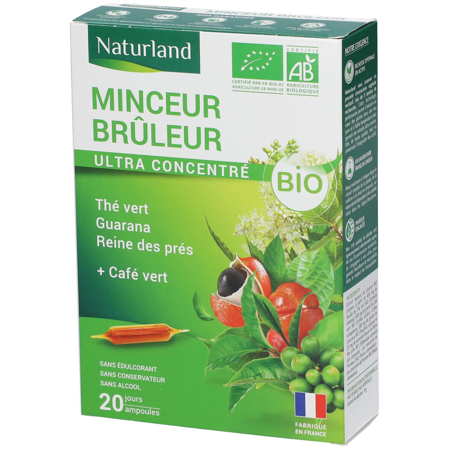 Naturland MINCEUR BRÛLEUR. Grün-weiße Schachtel mit Produktnamen, Inhaltsstoffen, Bio-Siegel und 20 Ampullen. Französische Flagge.