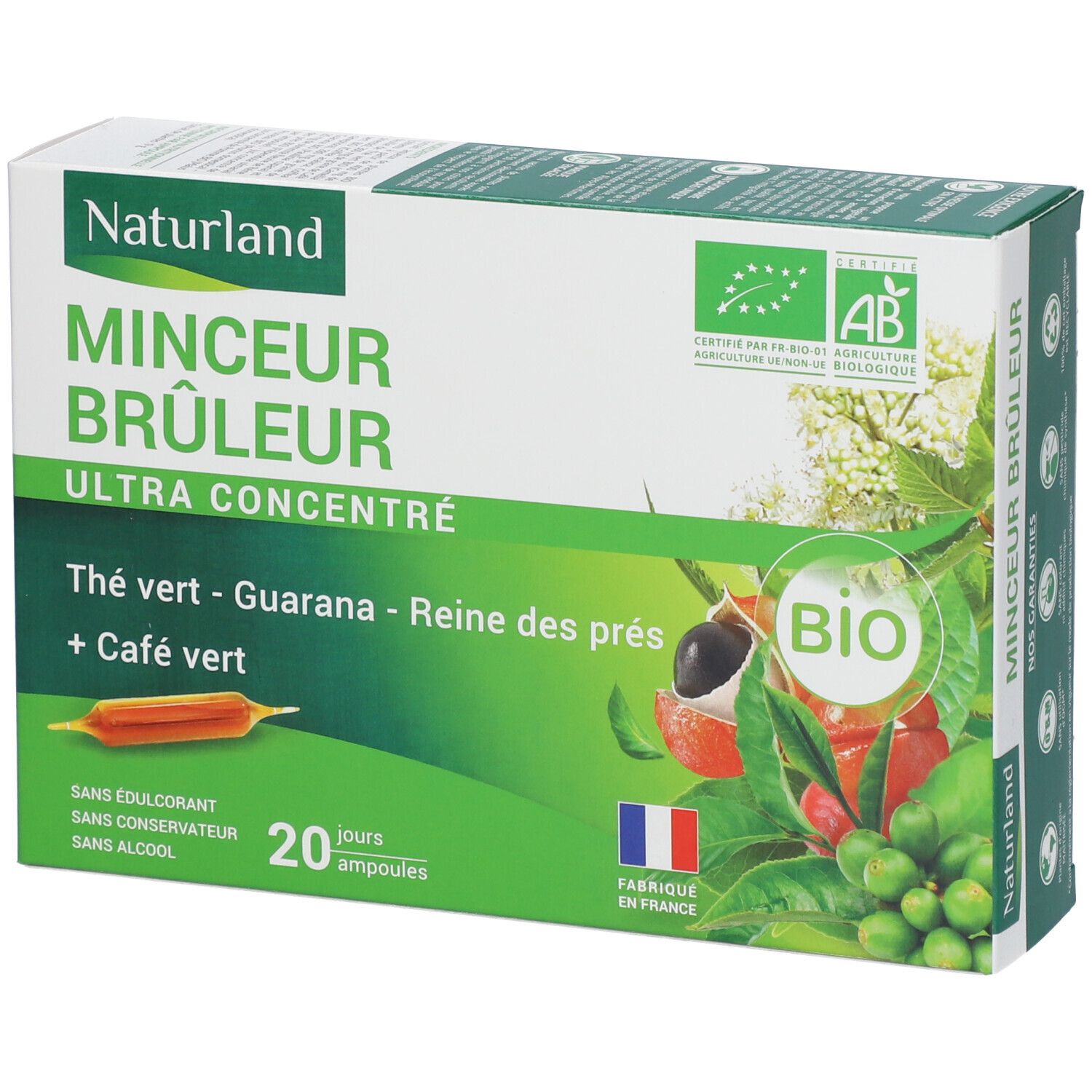 Naturland MINCEUR BRÛLEUR-Schachtel. Produktname, Inhaltsstoffe, Bio-Siegel, 20 Ampullen. Französische Flagge. Grün und weiß.