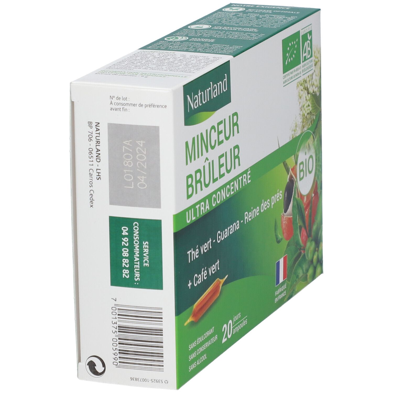 Naturland MINCEUR BRÛLEUR-Schachtel. Seitenansicht, Text, 20 Ampullen. Bio-Siegel. Französische Flagge. Haltbarkeitsdatum.