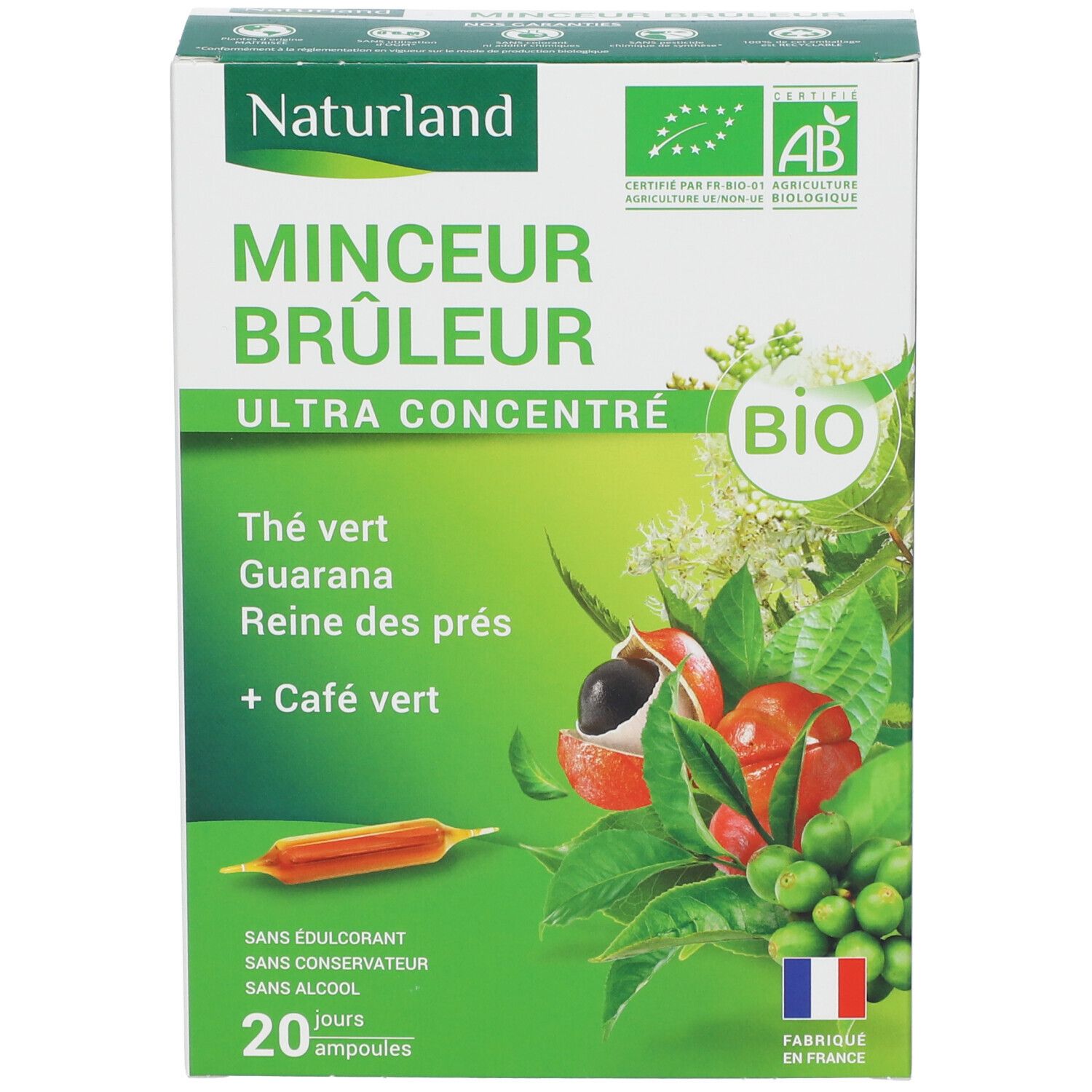 Naturland MINCEUR BRÛLEUR-Schachtel. Produktname, Inhaltsstoffe, Bio-Siegel, 20 Ampullen. Französische Flagge. Grün und weiß.