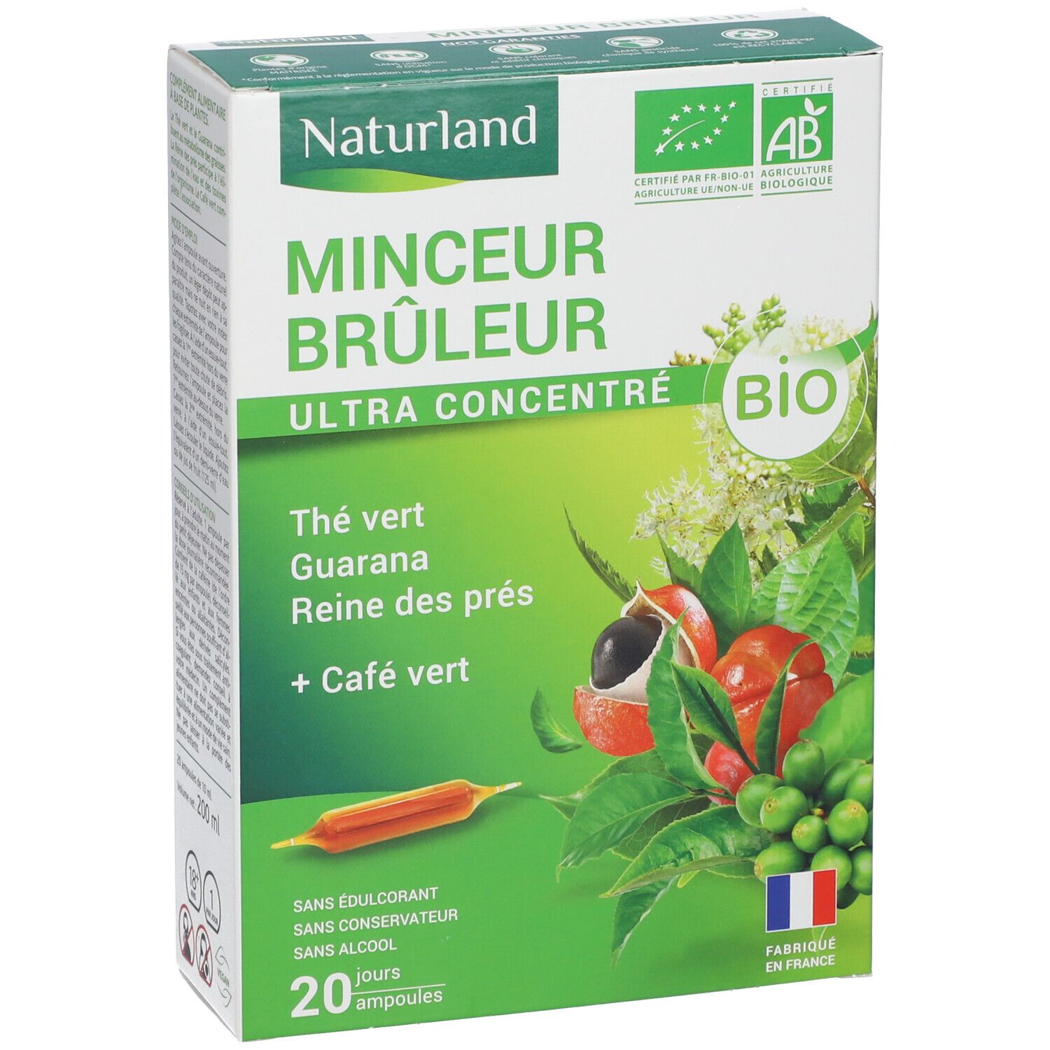 Naturland MINCEUR BRÛLEUR-Schachtel. Produktname, Inhaltsstoffe, Bio-Siegel, 20 Ampullen. Französische Flagge. Grün und weiß.