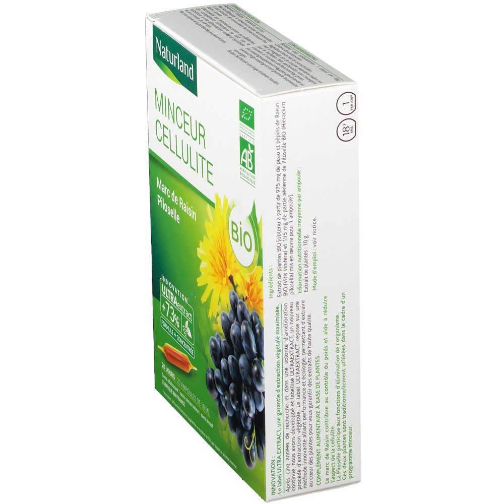 Schräg gestellte Verpackung von Naturland MINCEUR CELLULITE. Grün-weiße Schachtel mit Trauben- und Löwenzahnbild. Text: BIO, Marc de Raisin, Pilosele.