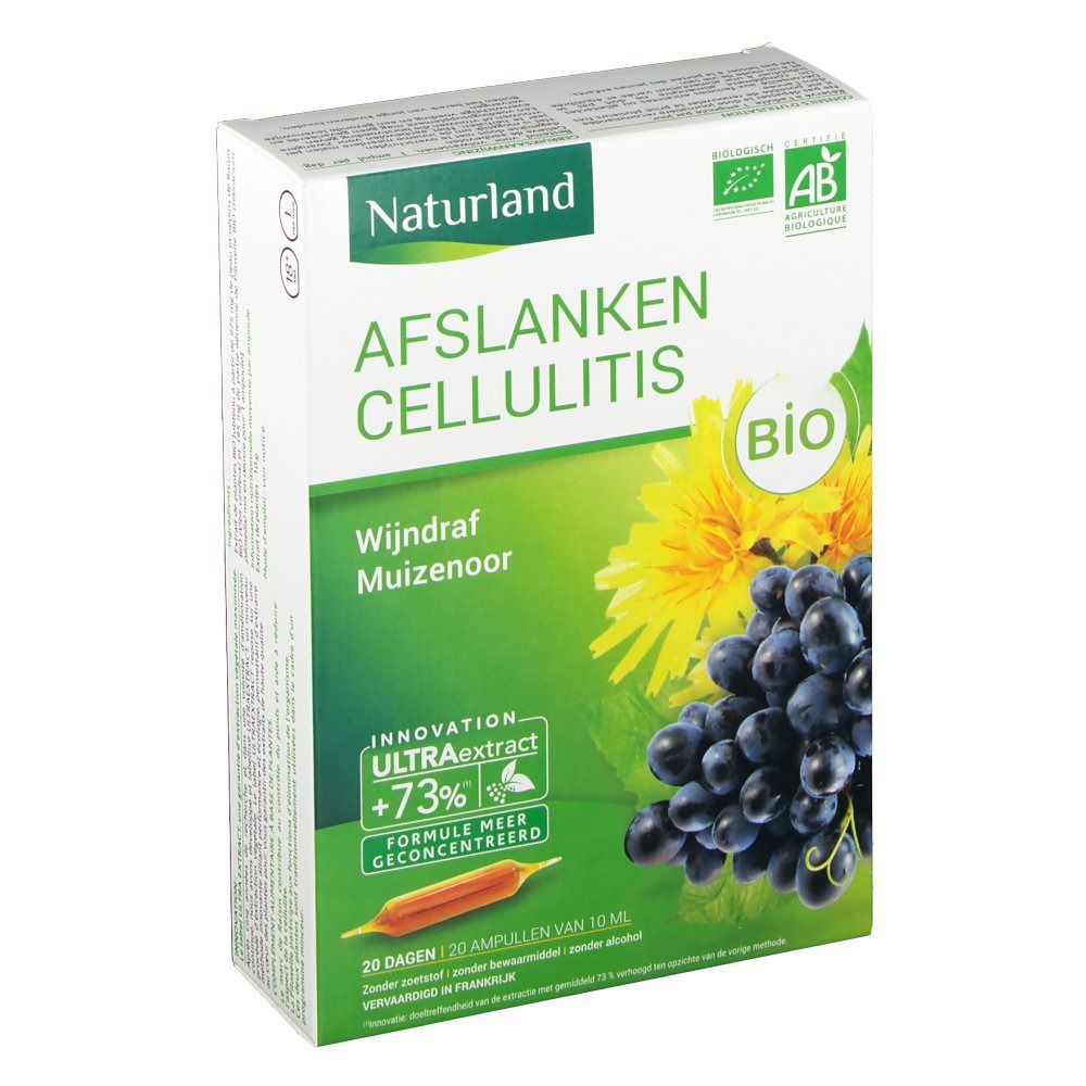 Verpackung mit Naturland AFSLANKEN CELLULITIS. Grün-weiße Schachtel mit Trauben- und Löwenzahnbild. Text: BIO, Wijndraf, Muizenoor.