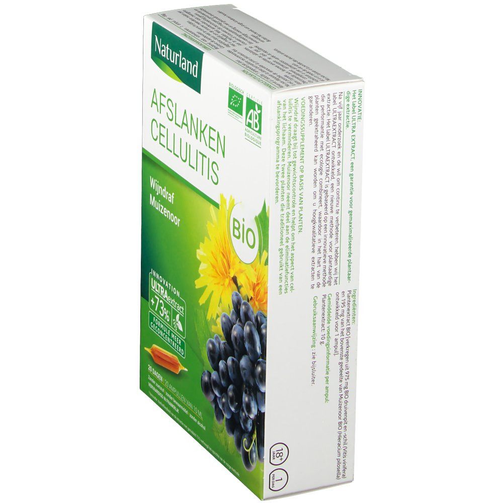 Schräg gestellte Verpackung von Naturland AFSLANKEN CELLULITIS. Grün-weiße Schachtel mit Trauben- und Löwenzahnbild. Text: BIO, Wijndraf, Muizenoor.