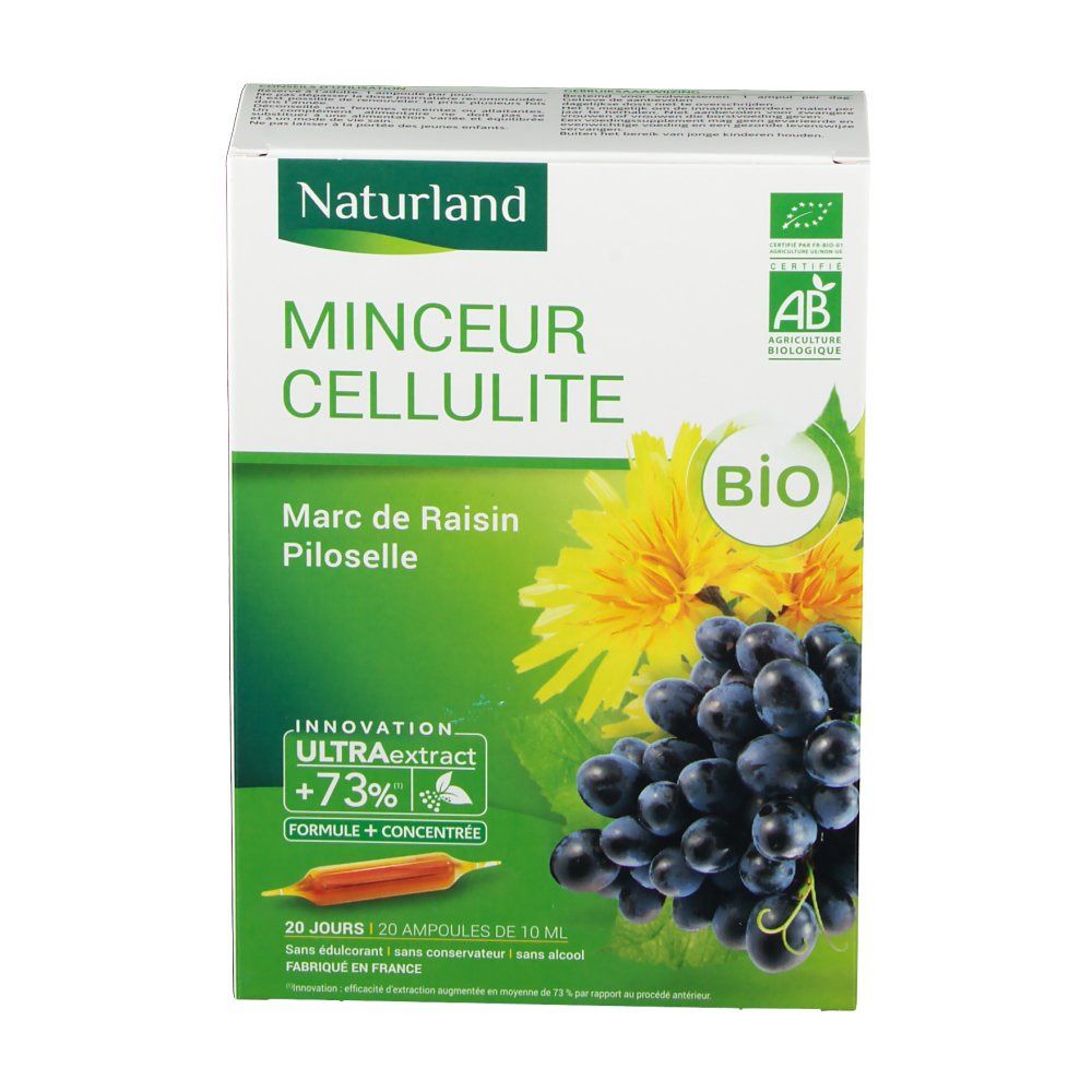 Verpackung mit Naturland MINCEUR CELLULITE. Grün-weiße Schachtel mit Trauben- und Löwenzahnbild. Text: BIO, Marc de Raisin, Pilosele.