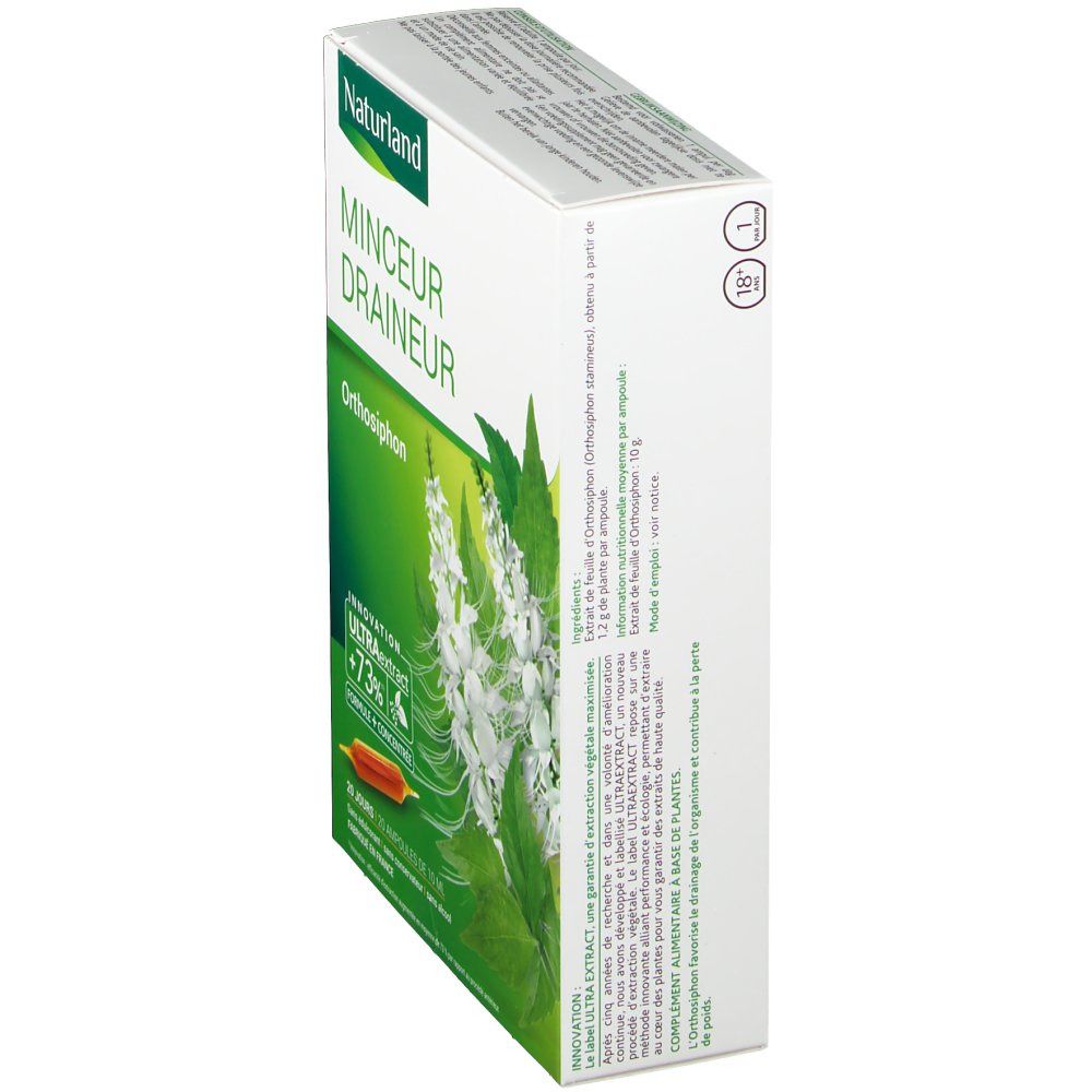 Schachtel Naturland MINCEUR DRAINEUR, Seitenansicht. Produktname, Orthosiphon-Logo und Text. Grün-weißes Design.