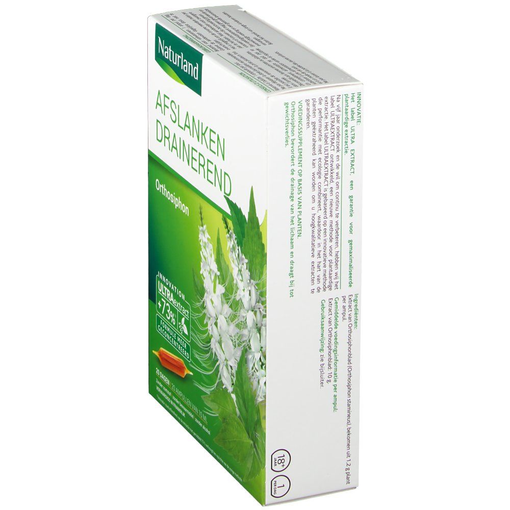 Schachtel Naturland MINCEUR DRAINEUR. Grün-weißes Design, Produktname und Orthosiphon-Logo. 20 Ampullen.
