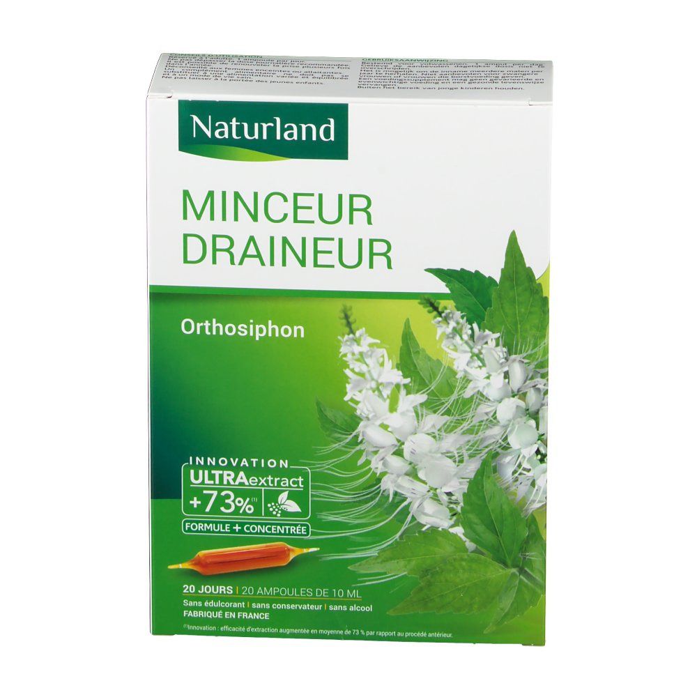 Schachtel Naturland MINCEUR DRAINEUR. Grün-weißes Design, Produktname und Orthosiphon-Logo. 20 Ampullen.