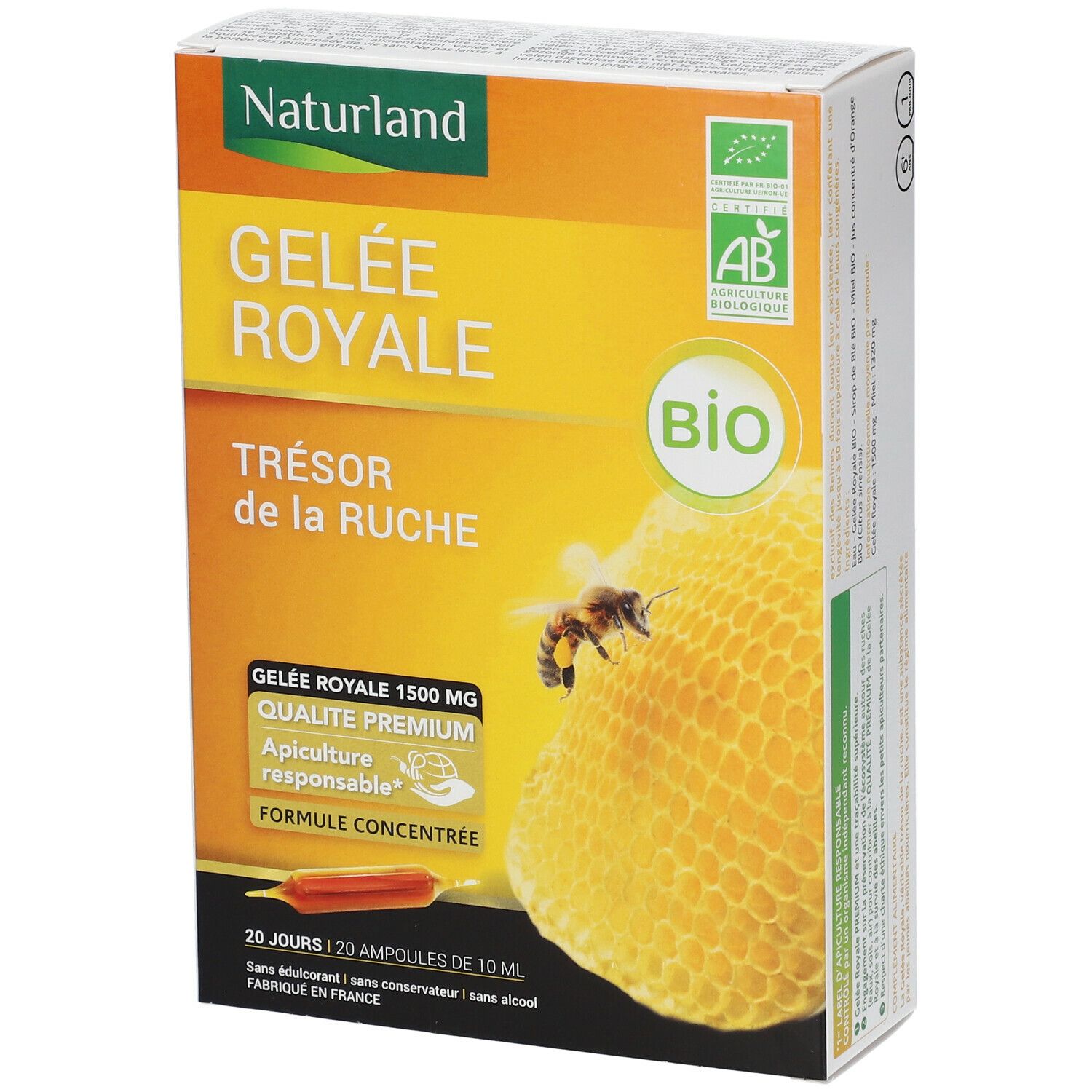 Verpackung von Naturland Gelee Royale. Aufdrucke: Gelee Royale, Bio-Siegel, 20 Ampullen, 10 ml. Abbildung einer Biene und Wabe.