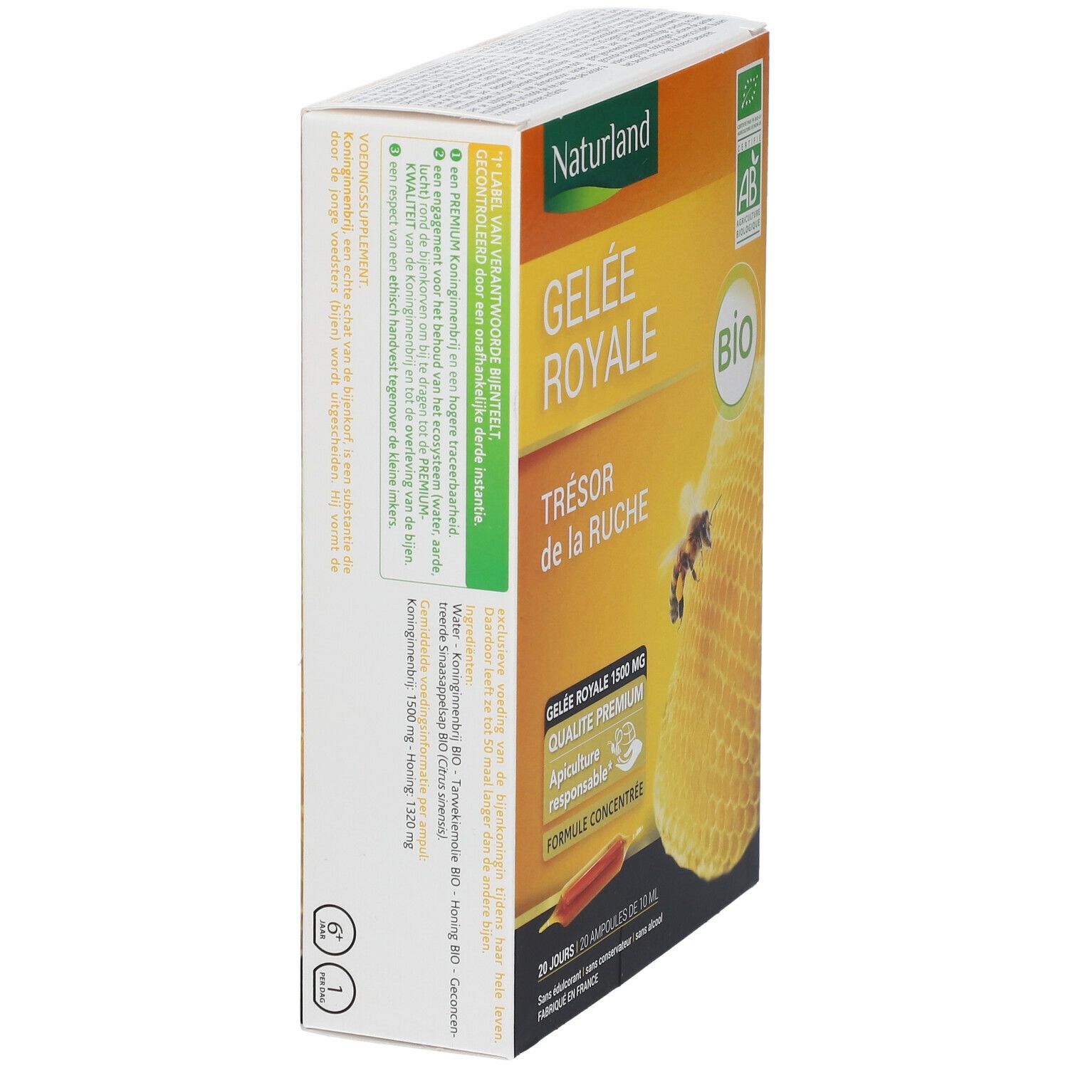 Seitenansicht der Naturland Gelee Royale Verpackung. Text: Gelee Royale, Bio-Siegel, 20 Ampullen. Rückseite mit Text in mehreren Sprachen.