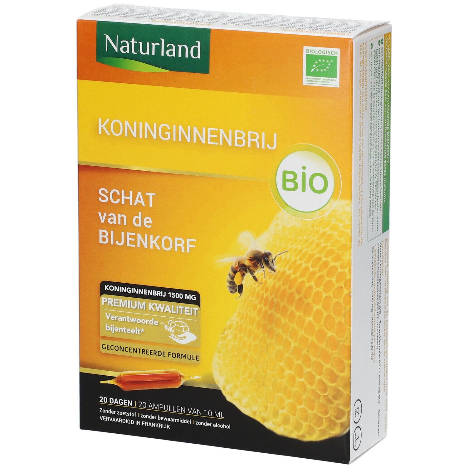 Verpackung von Naturland Koninginnenbrij. Aufdrucke: Koninginnenbrij, Bio-Siegel, 20 Ampullen, 10 ml. Abbildung einer Biene und Wabe.