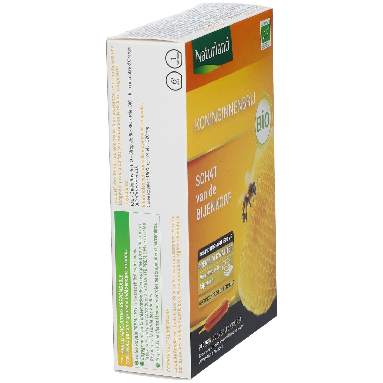 Seitenansicht der Naturland Koninginnenbrij Verpackung. Text: Koninginnenbrij, Bio-Siegel, 20 Ampullen. Rückseite mit Text in mehreren Sprachen.