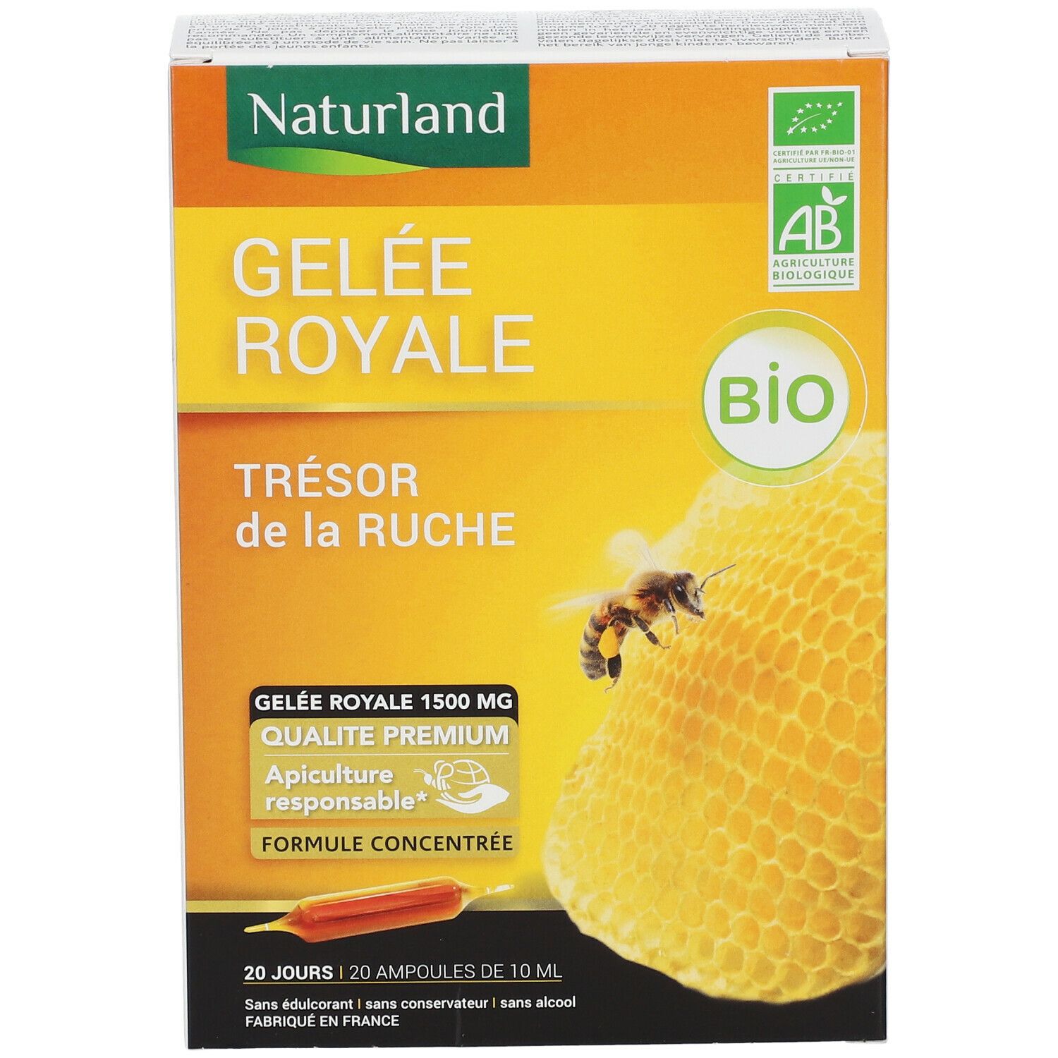 Verpackung von Naturland Gelee Royale. Aufdrucke: Gelee Royale, Bio-Siegel, 20 Ampullen, 10 ml. Abbildung einer Biene und Wabe.