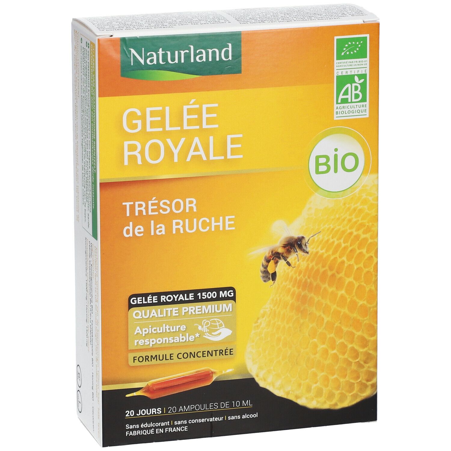 Verpackung von Naturland Gelee Royale. Aufdrucke: Gelee Royale, Bio-Siegel, 20 Ampullen, 10 ml. Abbildung einer Biene und Wabe.