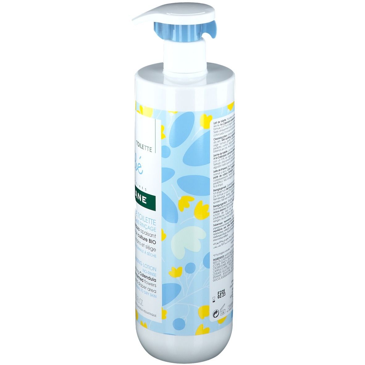 Rückseite der Klorane Bébé Toilettenmilch Flasche. Text in mehreren Sprachen. Blau-gelbes Design.