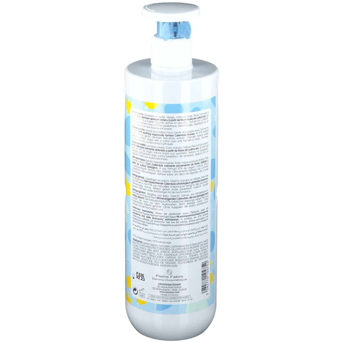 Rückseite der Klorane Bébé Toilettenmilch Flasche. Text in mehreren Sprachen. Blau-gelbes Design.