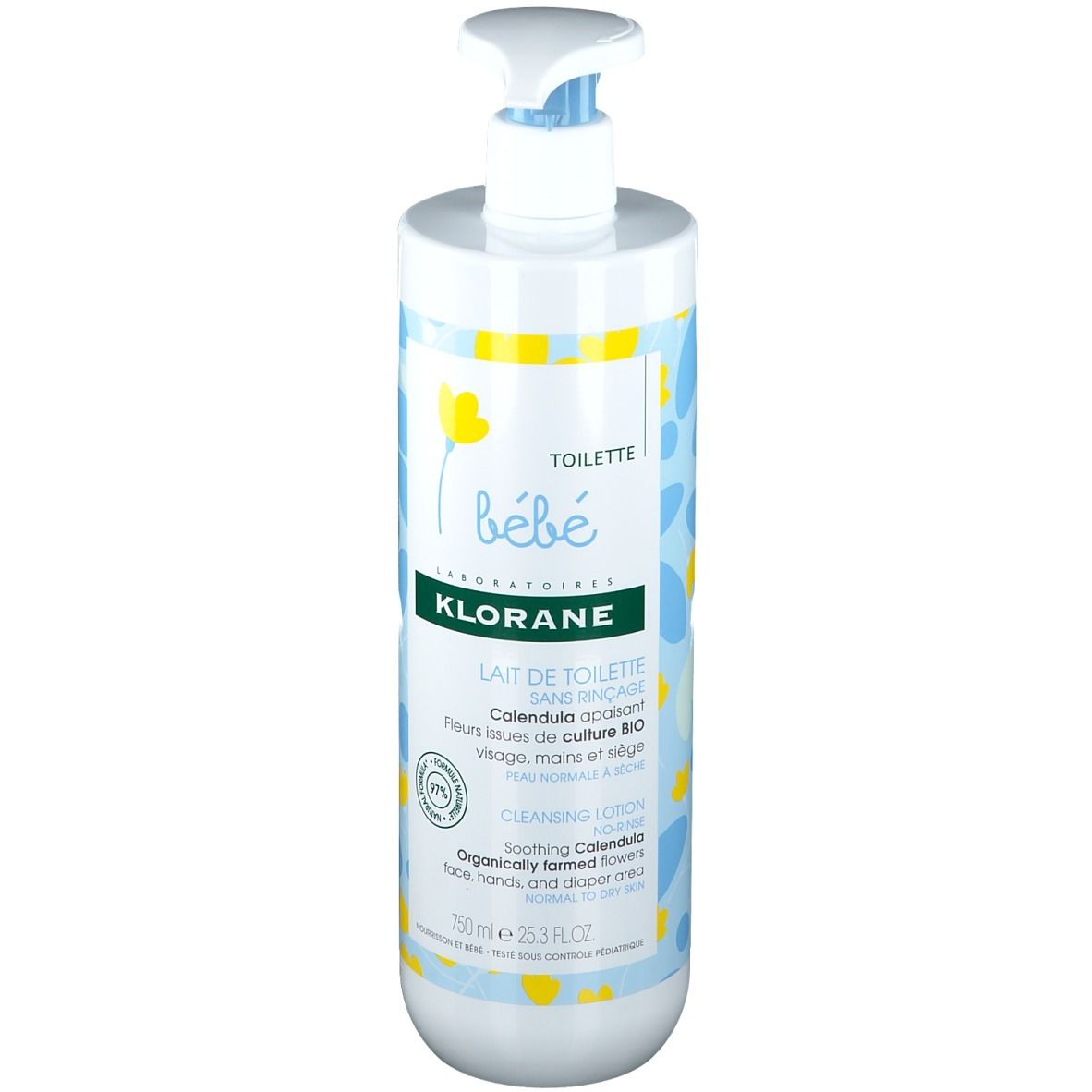Klorane Bébé Toilettenmilch mit Ringelblume Bio. Weiße Flasche mit blauem und gelbem Design. Pumpverschluss.